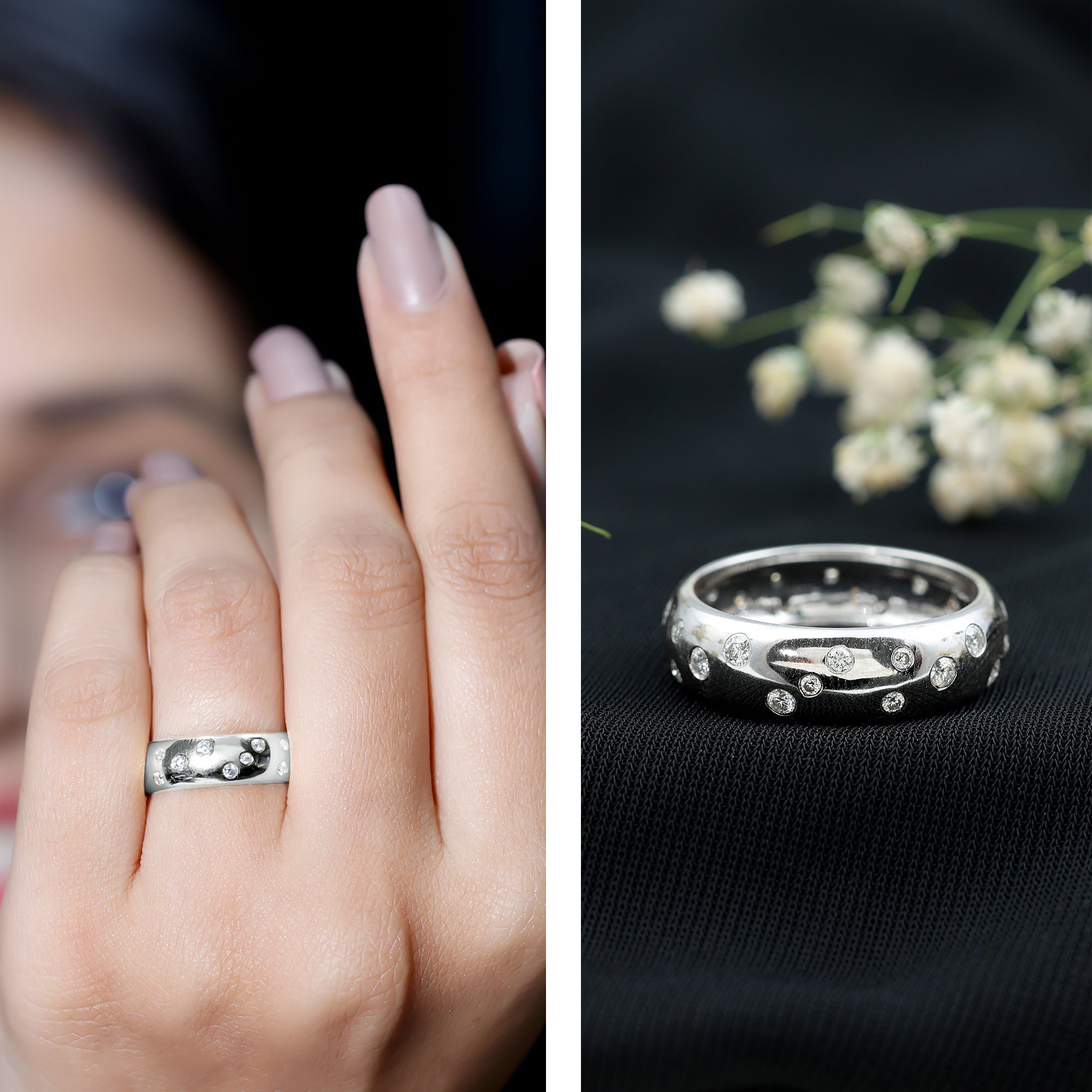 Rosec Jewels-Scatter Moissanite Wedding Wide Band Ring