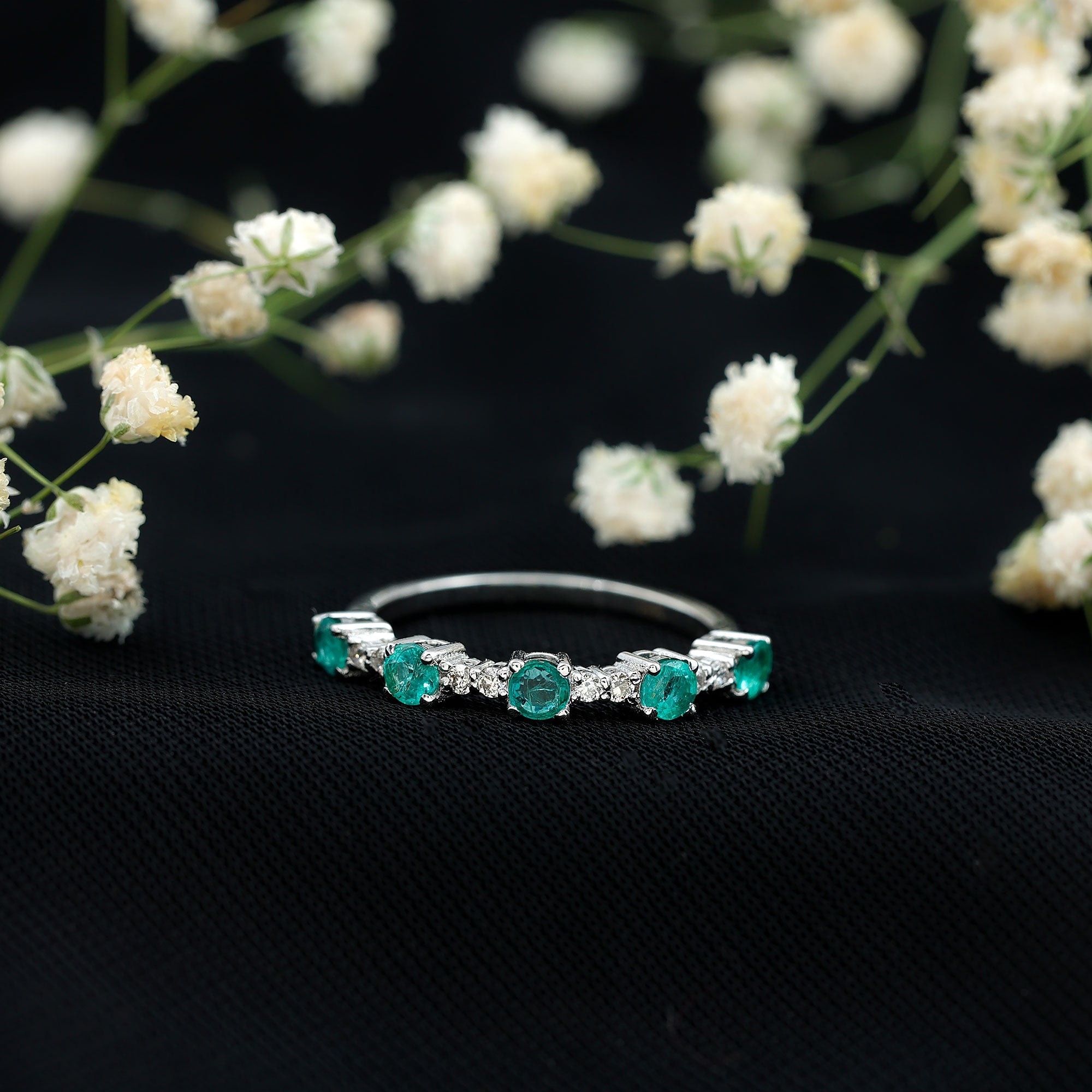 Real Emerald and Diamond Half Eternity Wedding Band Ring AAA - Rosec Jewels