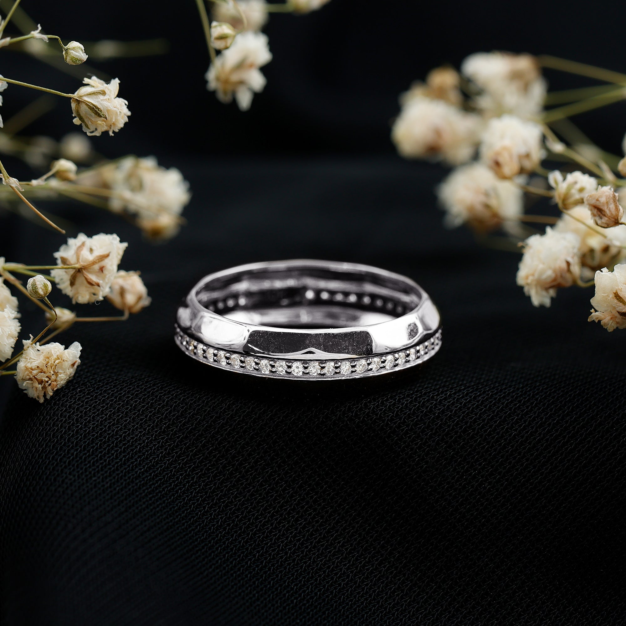 Natural Diamond Wide Eternity Band Ring with Textured Natural - ( HI-SI ) - Rosec Jewels