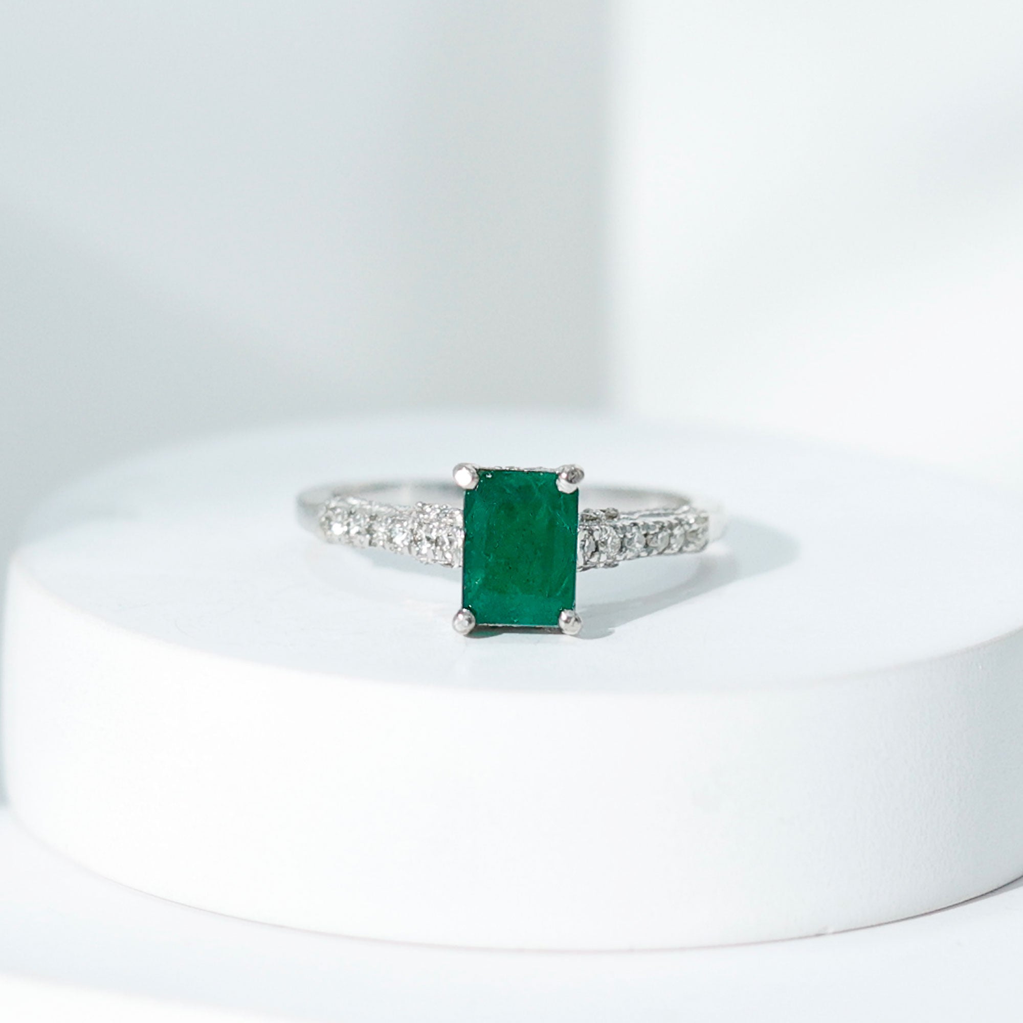 Rosec Jewels-Vintage Inspired 5X7MM Emerald Cut Emerald Engagement Ring with Diamonds