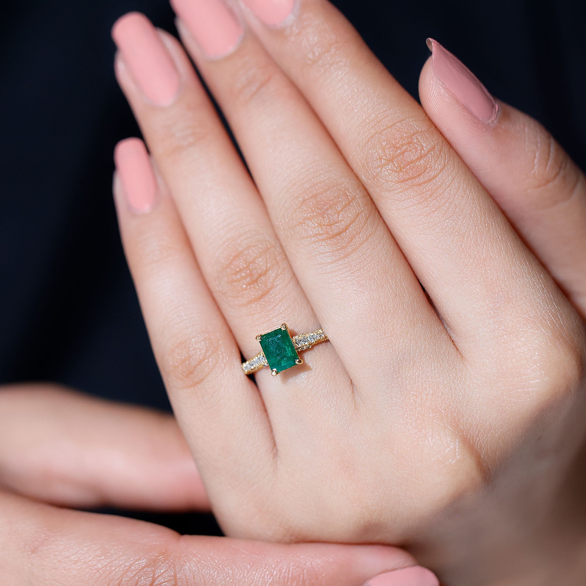 Rosec Jewels-Vintage Inspired 5X7MM Emerald Cut Emerald Engagement Ring with Diamonds