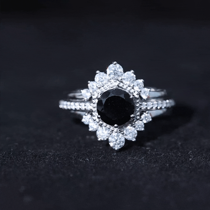2.6 Carat Vintage Style Black Spinel 3 Piece Ring Set with Moissanite AAA - Rosec Jewels