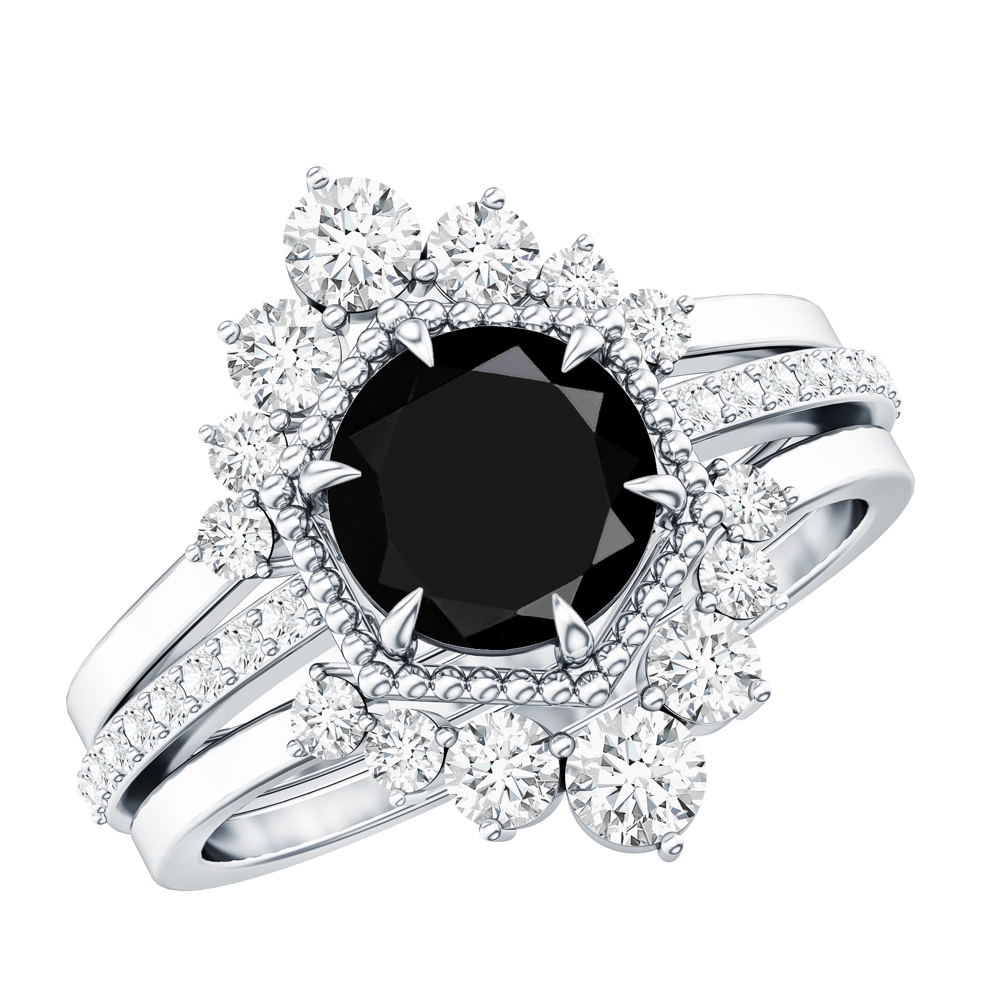 2.6 Carat Vintage Style Black Spinel 3 Piece Ring Set with Moissanite AAA - Rosec Jewels