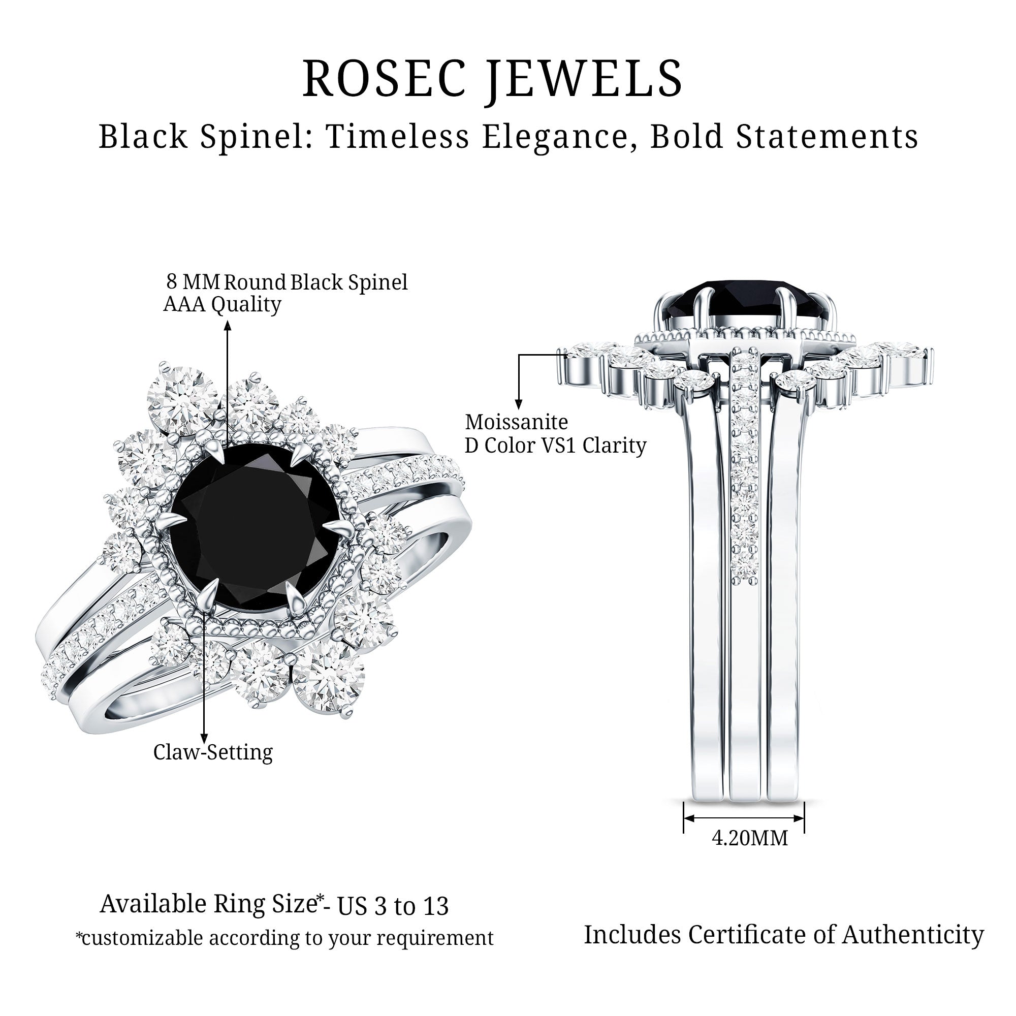 2.6 Carat Vintage Style Black Spinel 3 Piece Ring Set with Moissanite AAA - Rosec Jewels