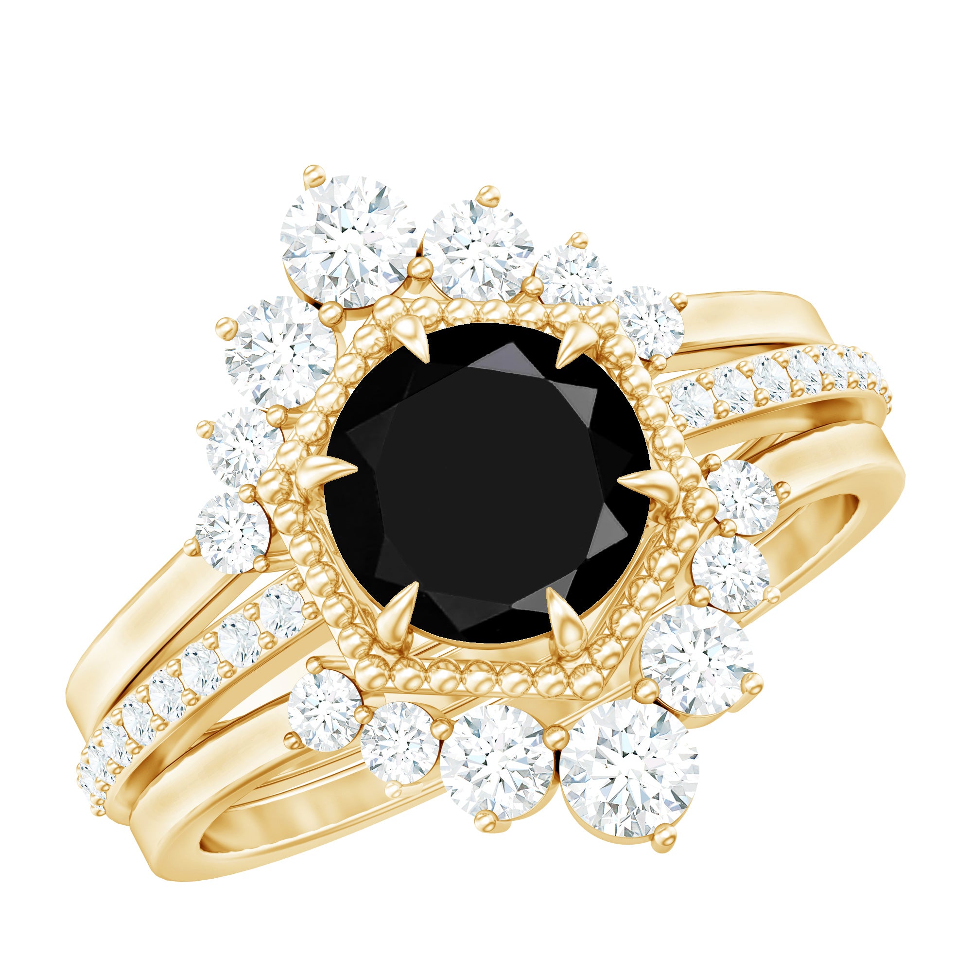 Vintage Style Black Spinel 3 Piece Ring Set with Moissanite AAA - Rosec Jewels