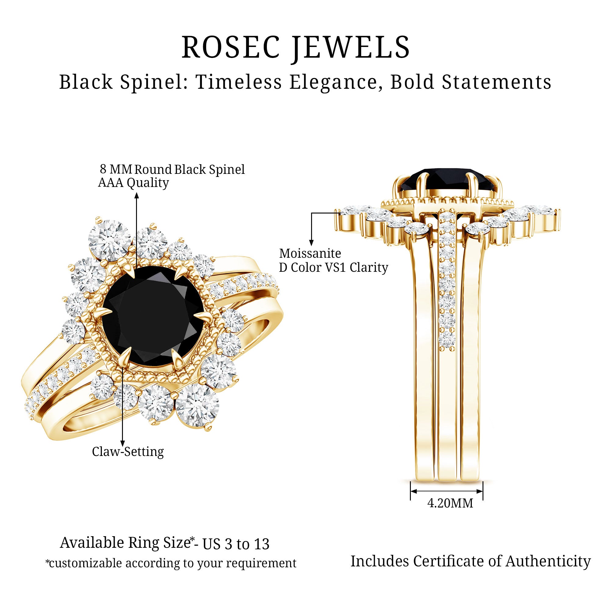 2.6 Carat Vintage Style Black Spinel 3 Piece Ring Set with Moissanite AAA - Rosec Jewels
