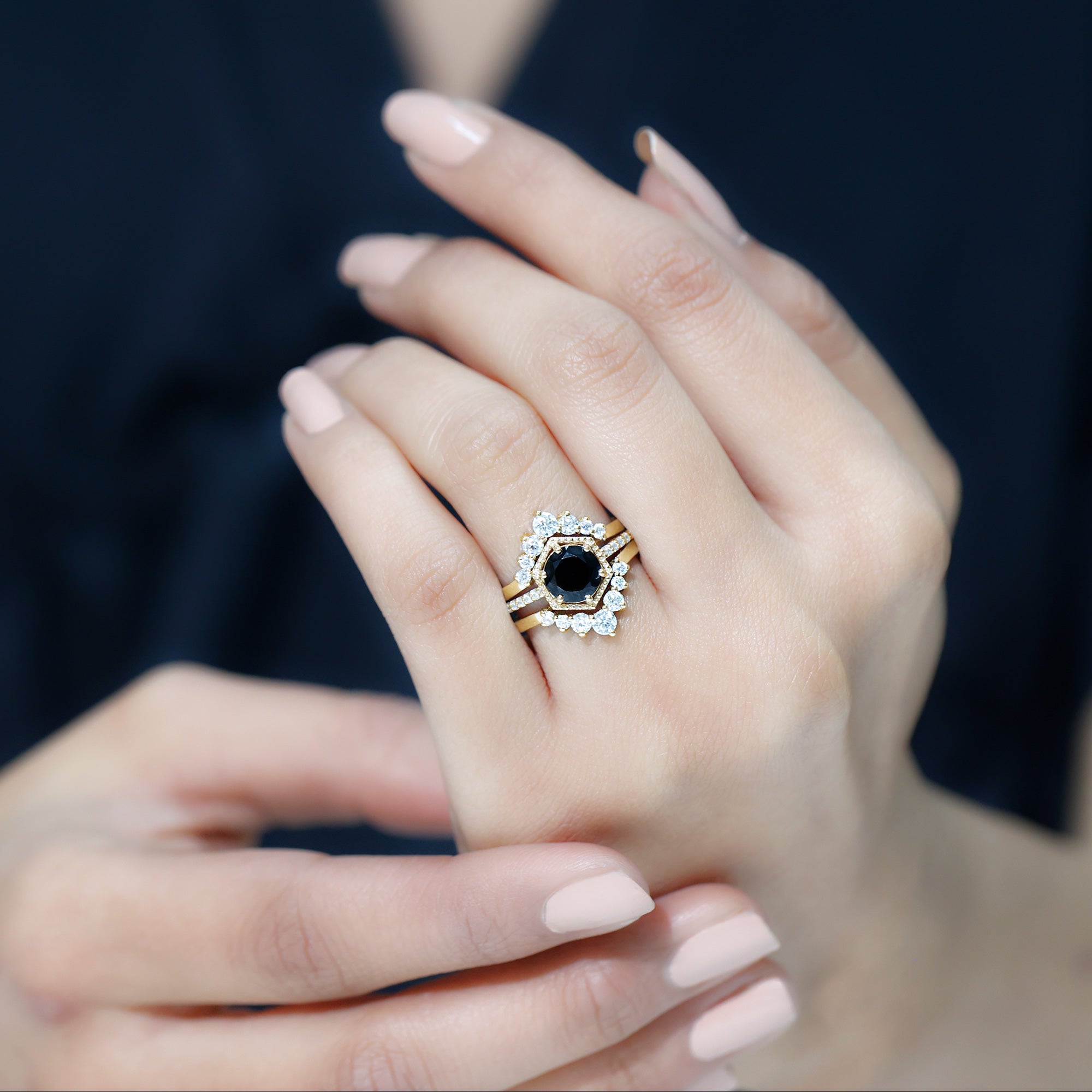 2.6 Carat Vintage Style Black Spinel 3 Piece Ring Set with Moissanite AAA - Rosec Jewels