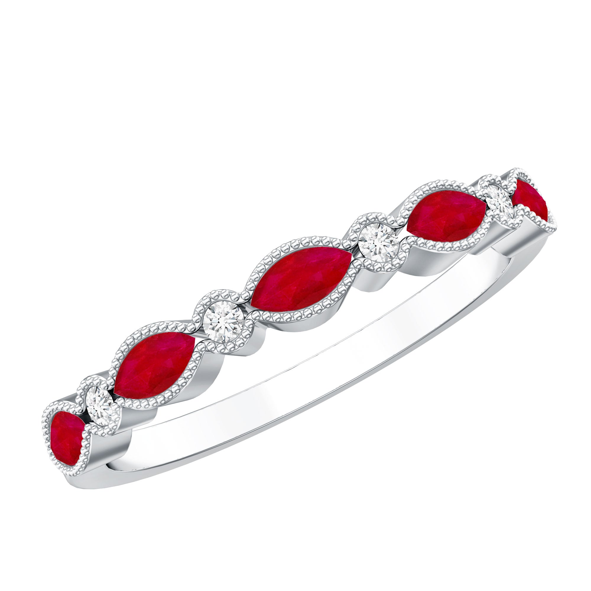 Certified Marquise Ruby Half Eternity Ring with Lab Diamond AAA - Rosec Jewels