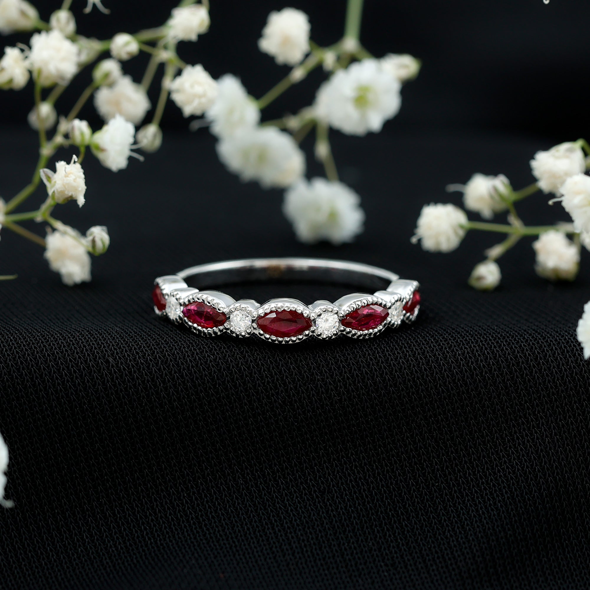 Certified Marquise Ruby Half Eternity Ring with Lab Diamond AAA - Rosec Jewels