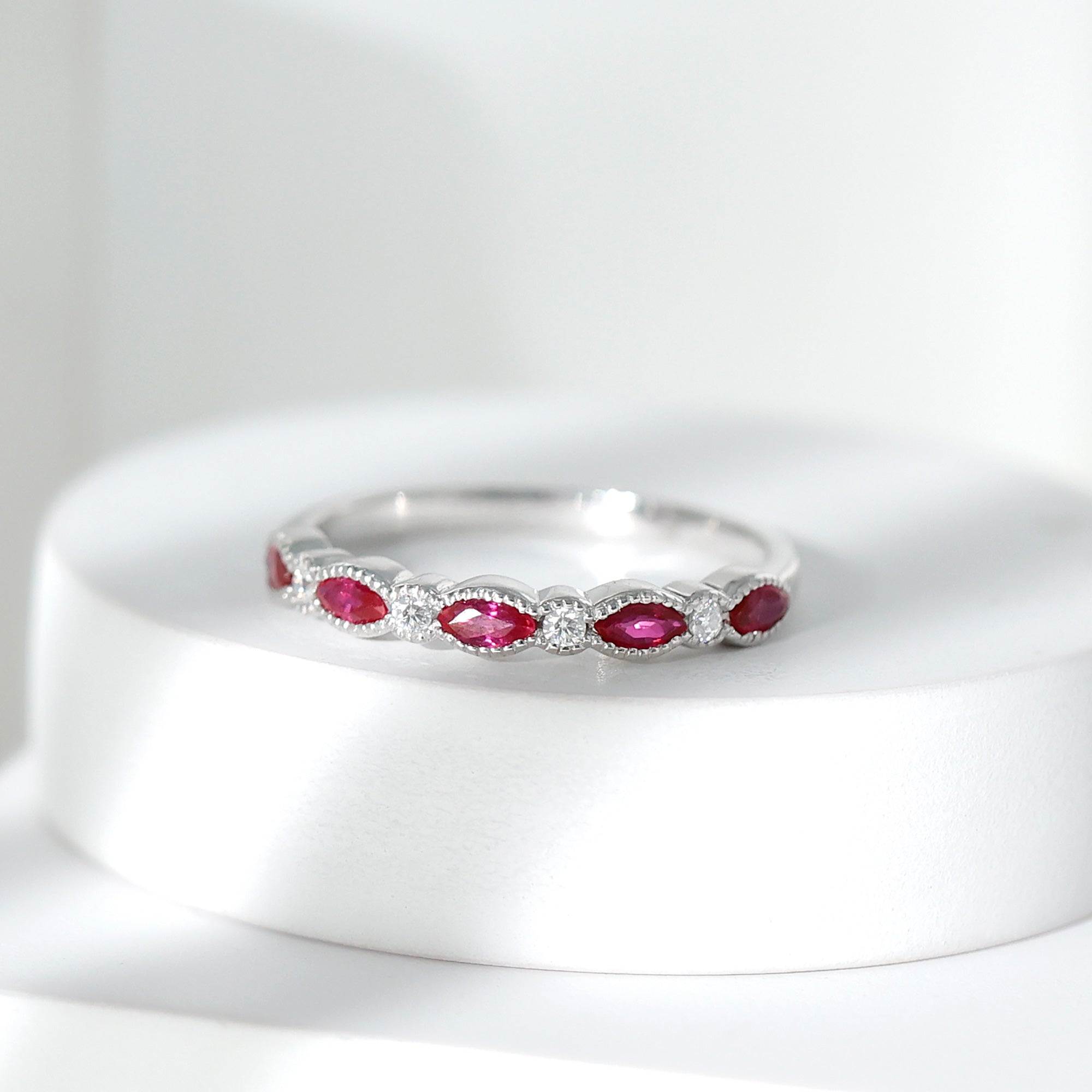 Certified Marquise Ruby Half Eternity Ring with Lab Diamond AAA - Rosec Jewels