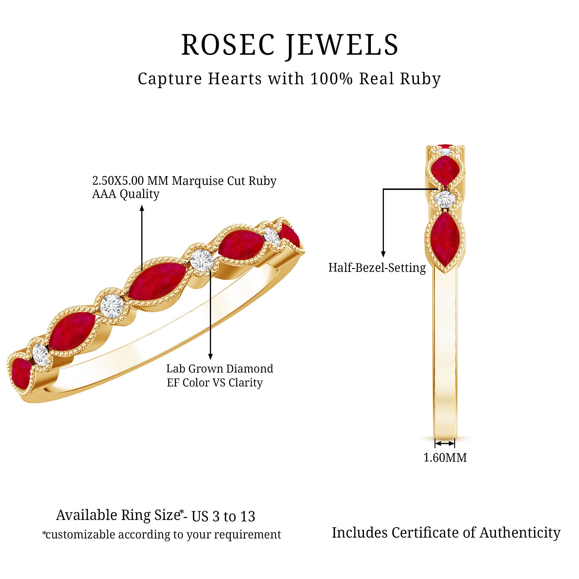 Certified Marquise Ruby Half Eternity Ring with Lab Diamond AAA - Rosec Jewels