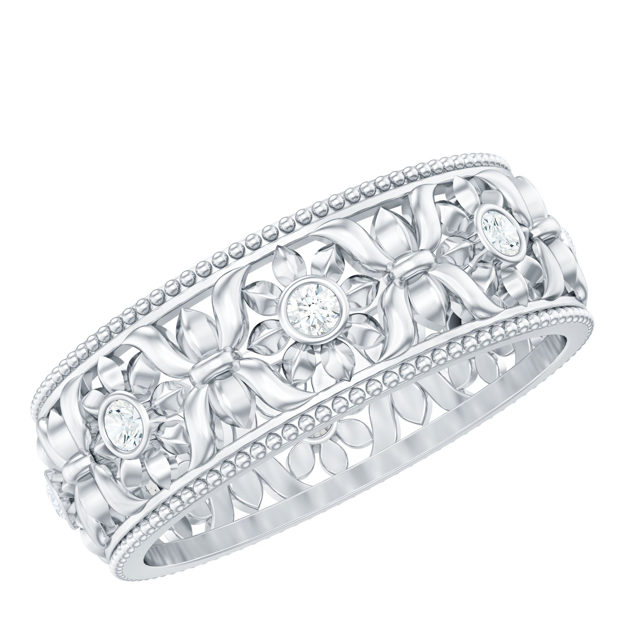 Bezel Set Diamond Flower Filigree Wedding Band