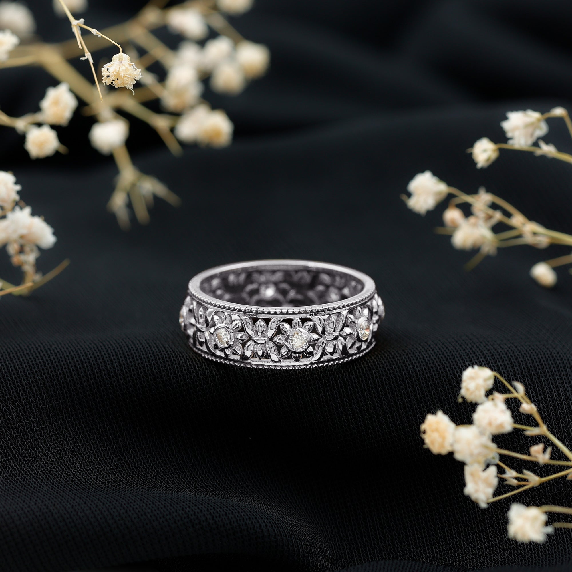 Bezel Set Diamond Flower Filigree Wedding Band Natural - ( HI-SI ) - Rosec Jewels