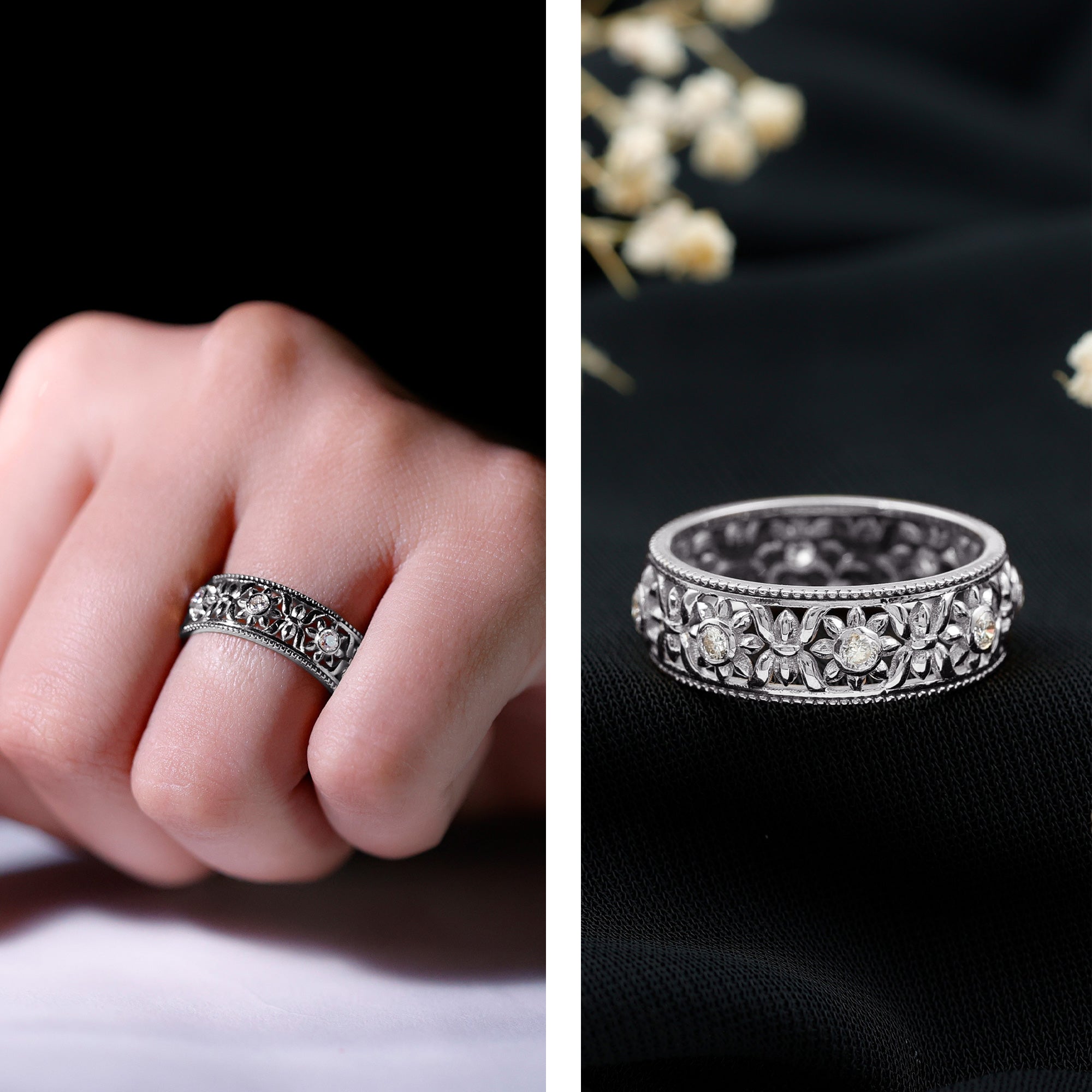 Bezel Set Diamond Flower Filigree Wedding Band Natural - ( HI-SI ) - Rosec Jewels