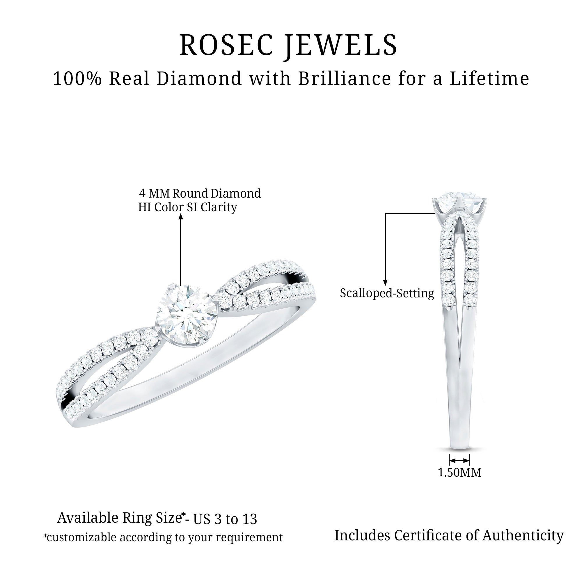 Rosec Jewels-Diamond Solitaire Engagement Ring With Split Shank