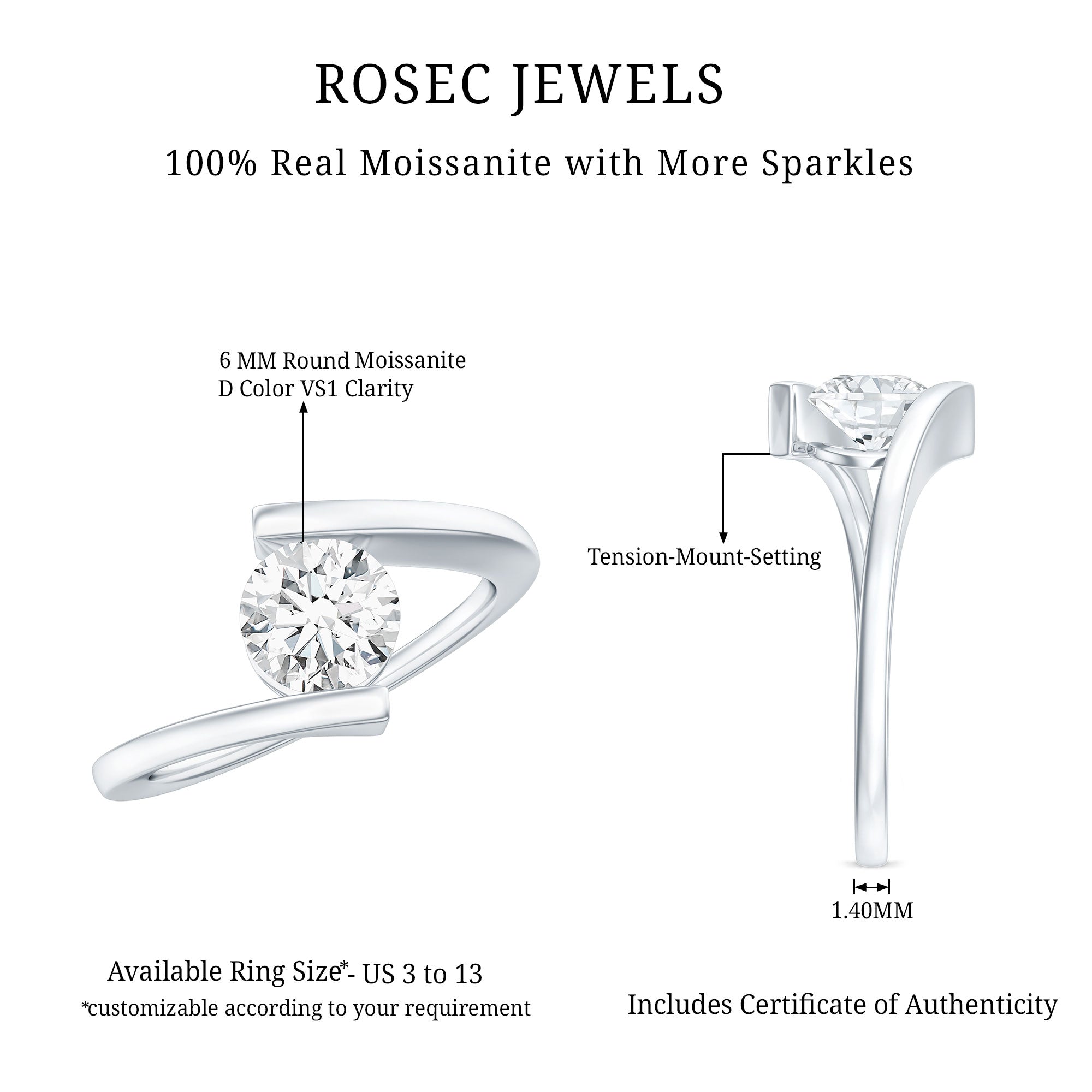 Round Brilliant Cut Moissanite Pre Engagement Ring D-VS1 - Rosec Jewels