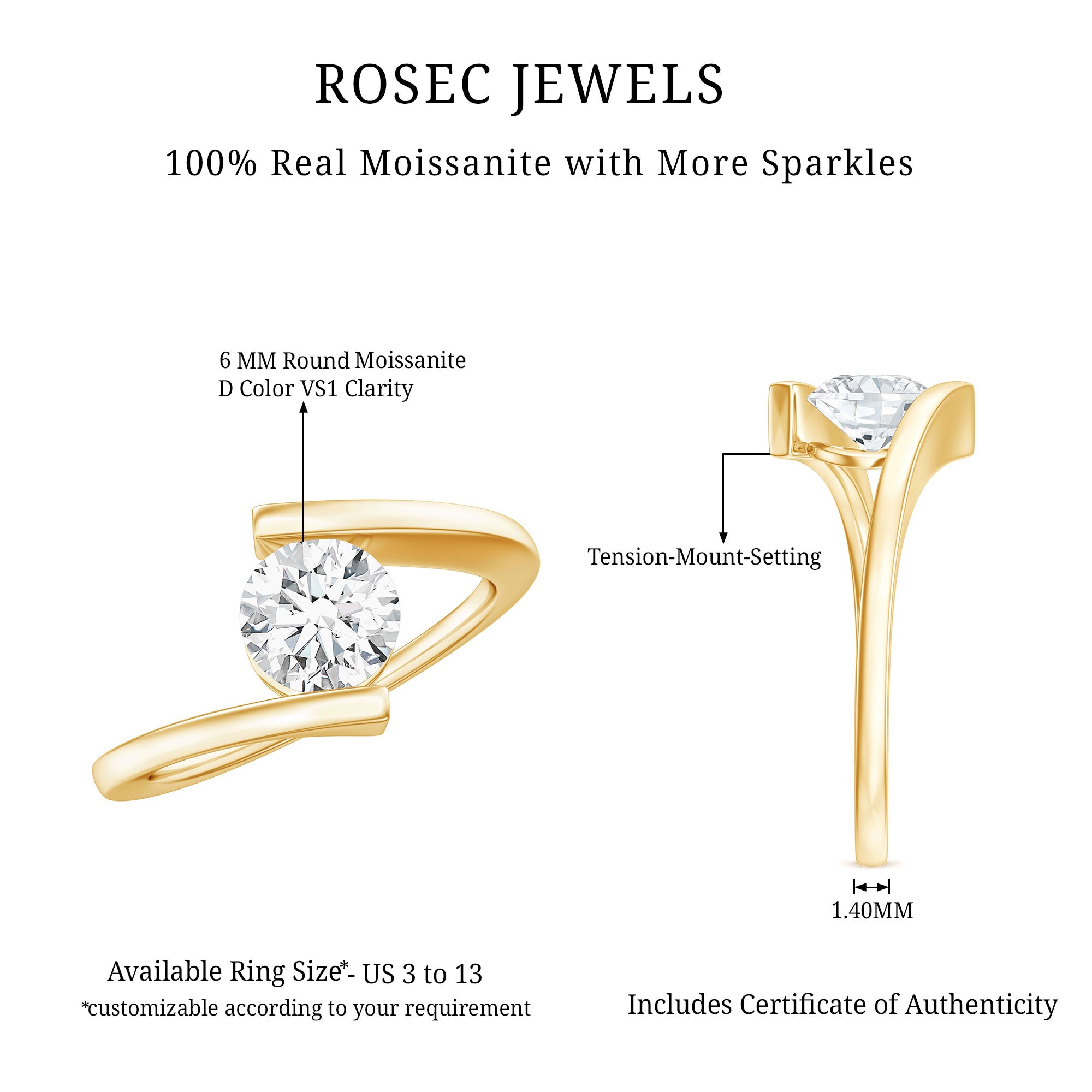 Round Brilliant Cut Moissanite Pre Engagement Ring D-VS1 - Rosec Jewels