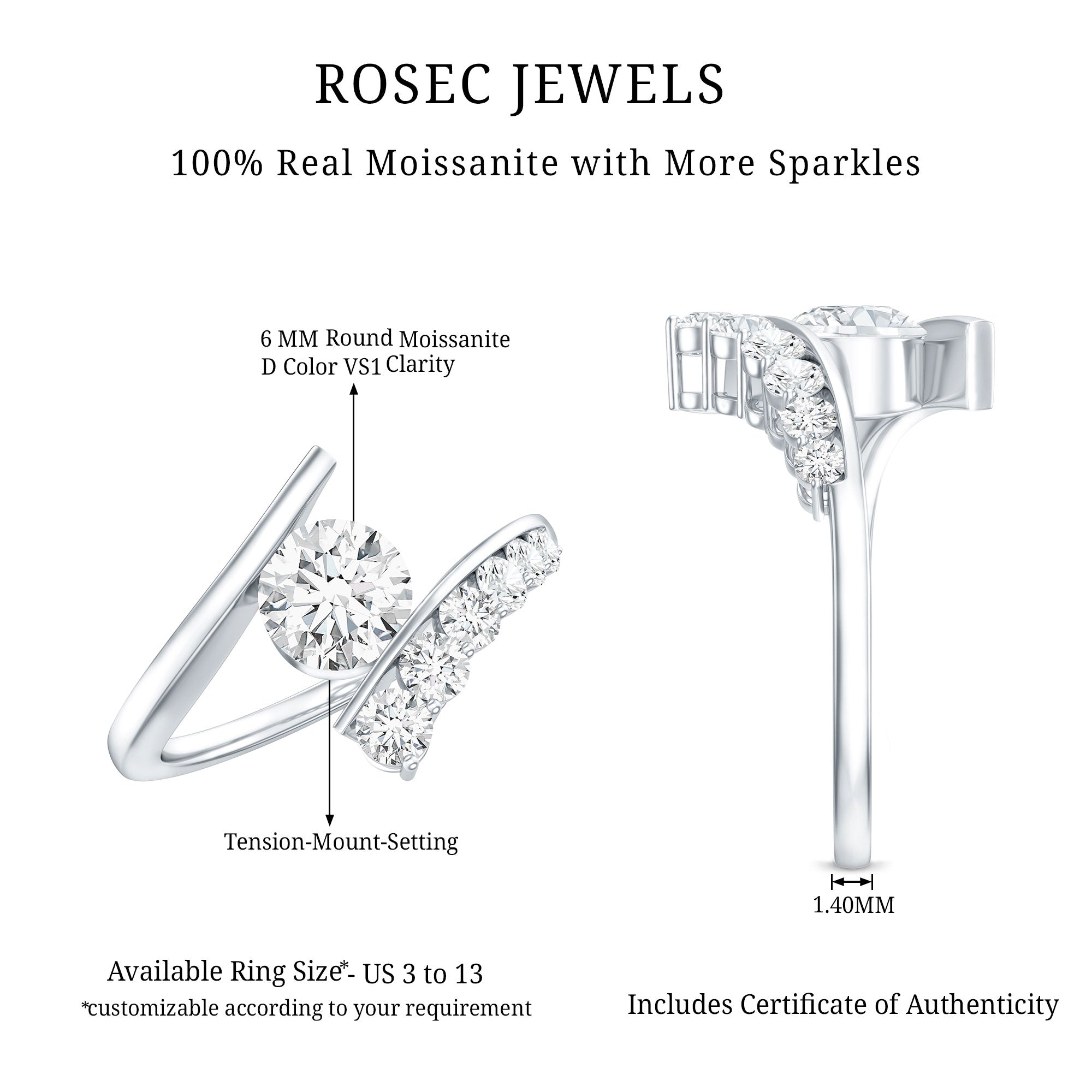 6 MM Certified Round Moissanite Bypass Engagement Ring D-VS1 - Rosec Jewels