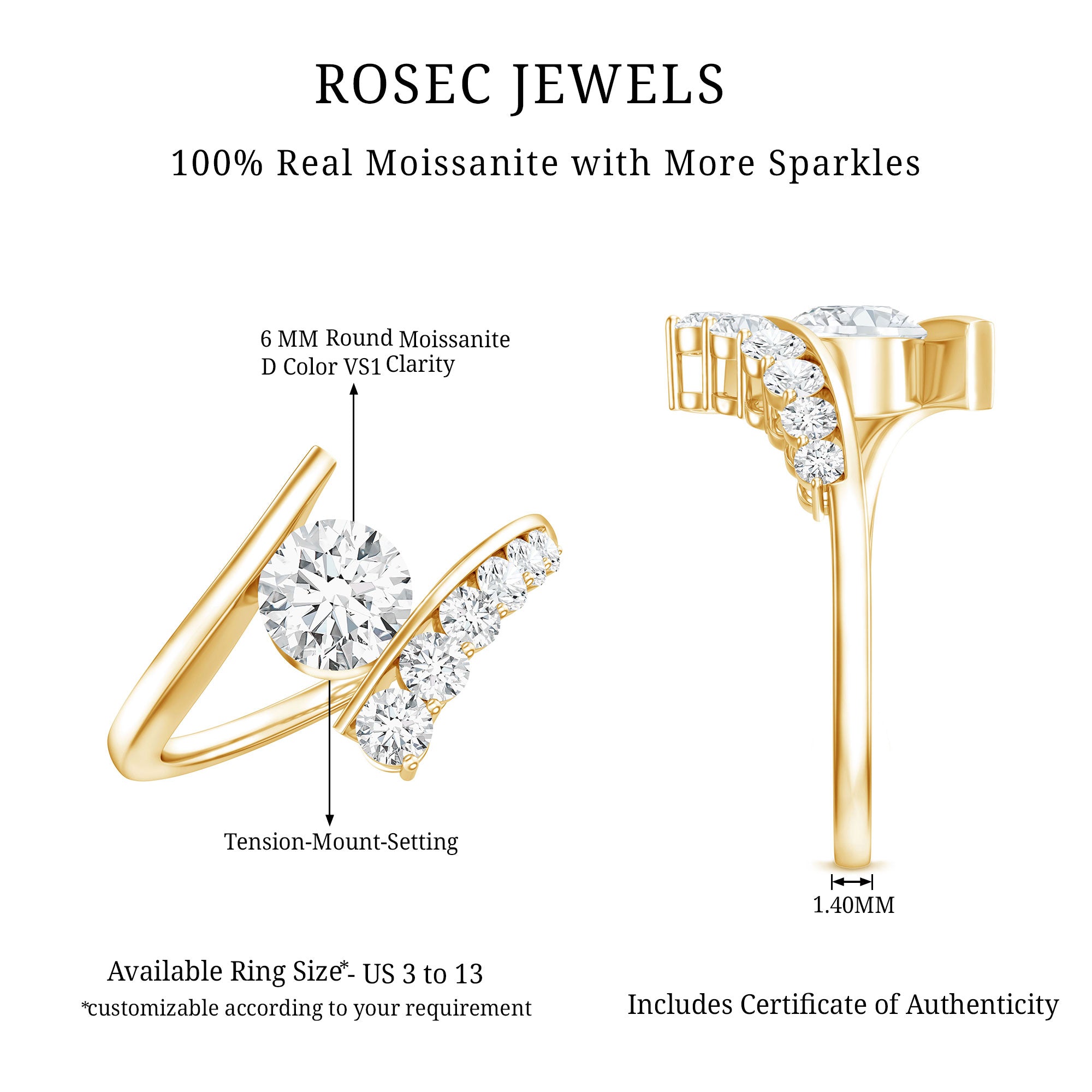 6 MM Certified Round Moissanite Bypass Engagement Ring D-VS1 - Rosec Jewels