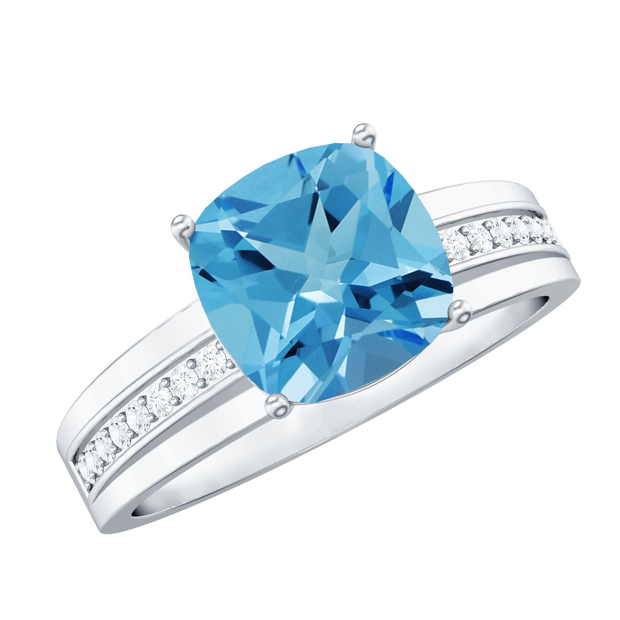 2.5 CT Cushion Cut Swiss Blue Topaz Solitaire with Diamond Two Tone Ring