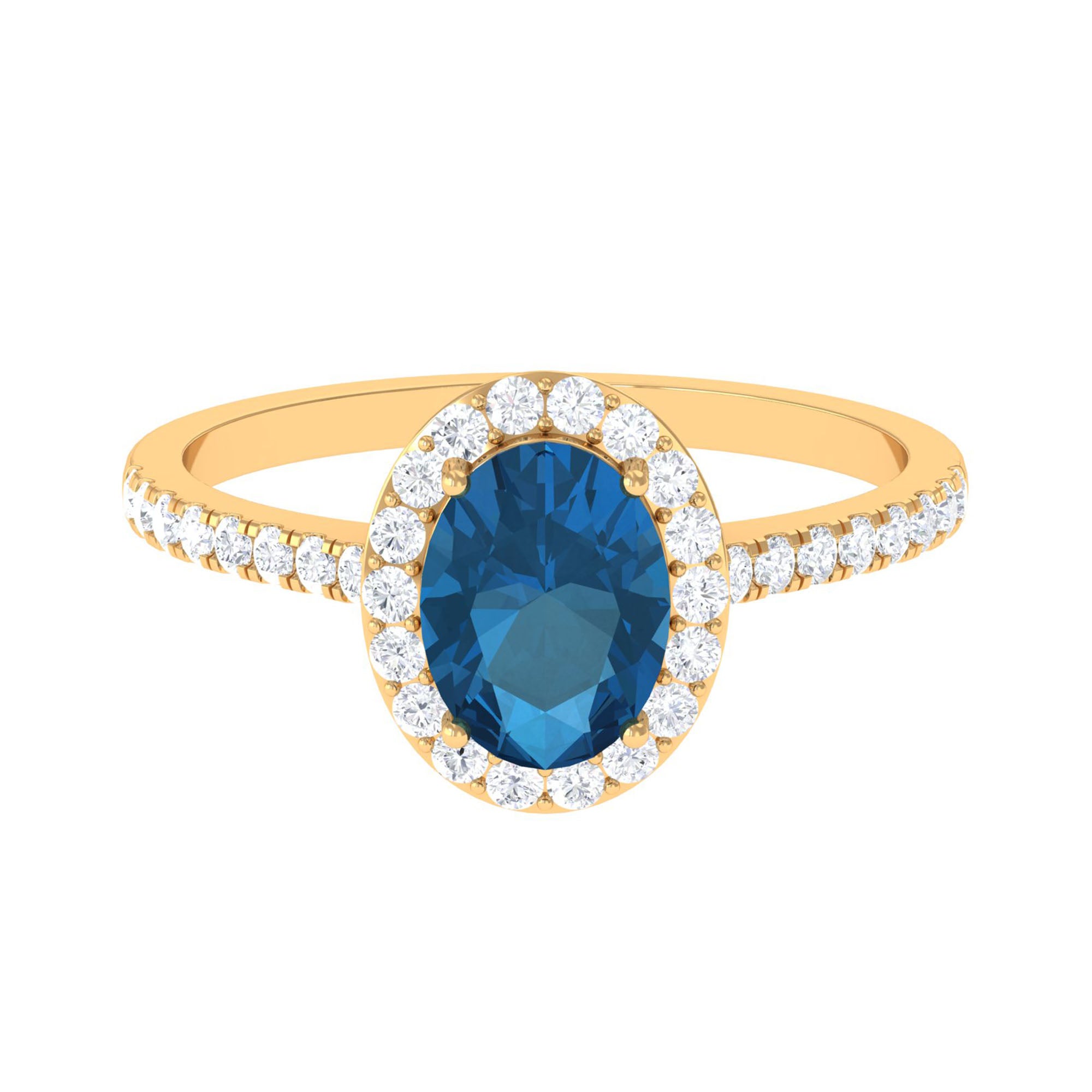 2 CT Oval Cut London Blue Topaz Solitaire Ring with Diamond Halo AAA - Rosec Jewels