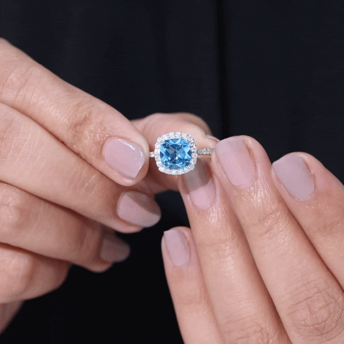 8 MM Cushion Cut Swiss Blue Topaz Solitaire and Diamond Halo Ring Swiss Blue Topaz - ( AAA ) - Quality - Rosec Jewels