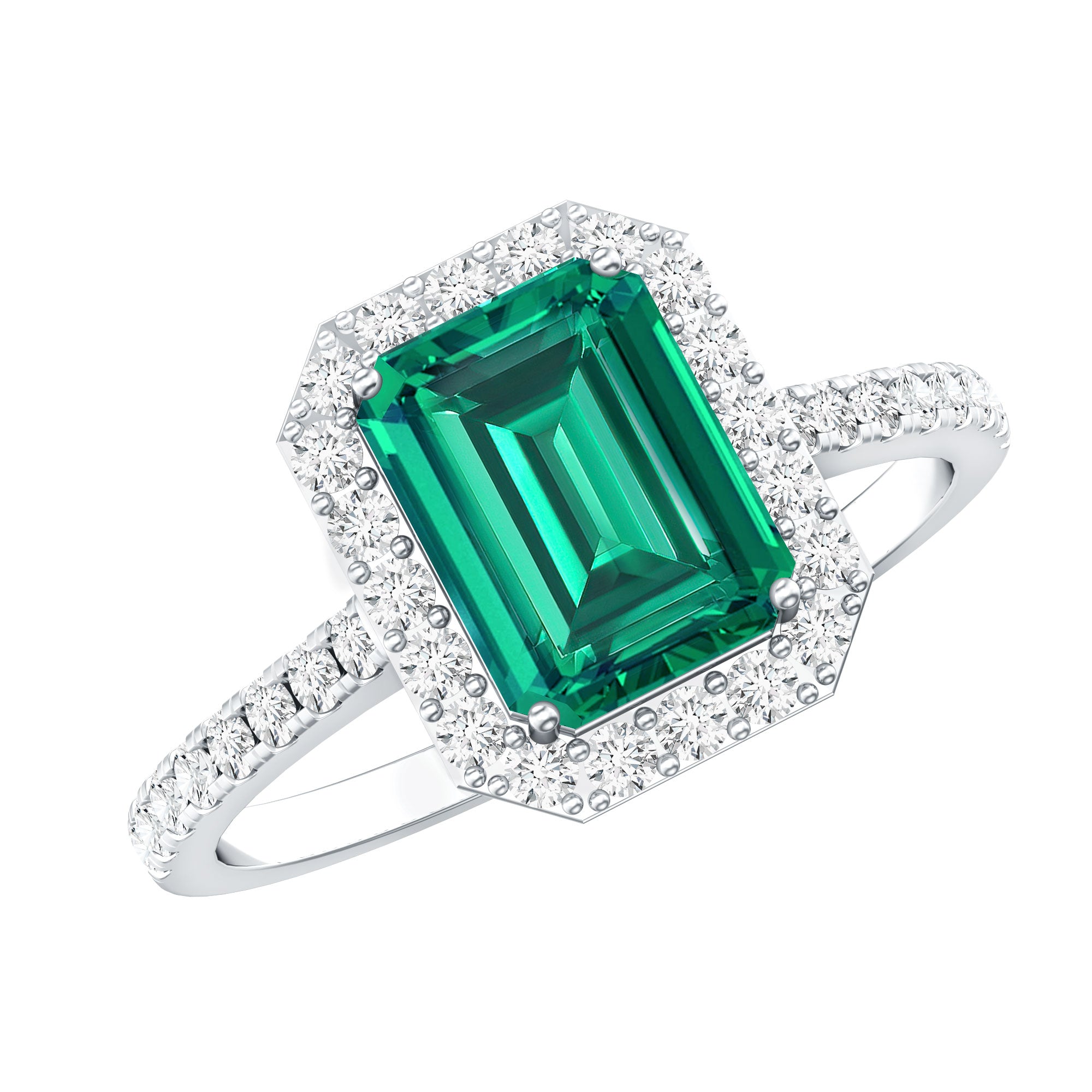 Lab Grown Emerald Halo Engagement Ring With Real Diamond AAAA - Rosec Jewels