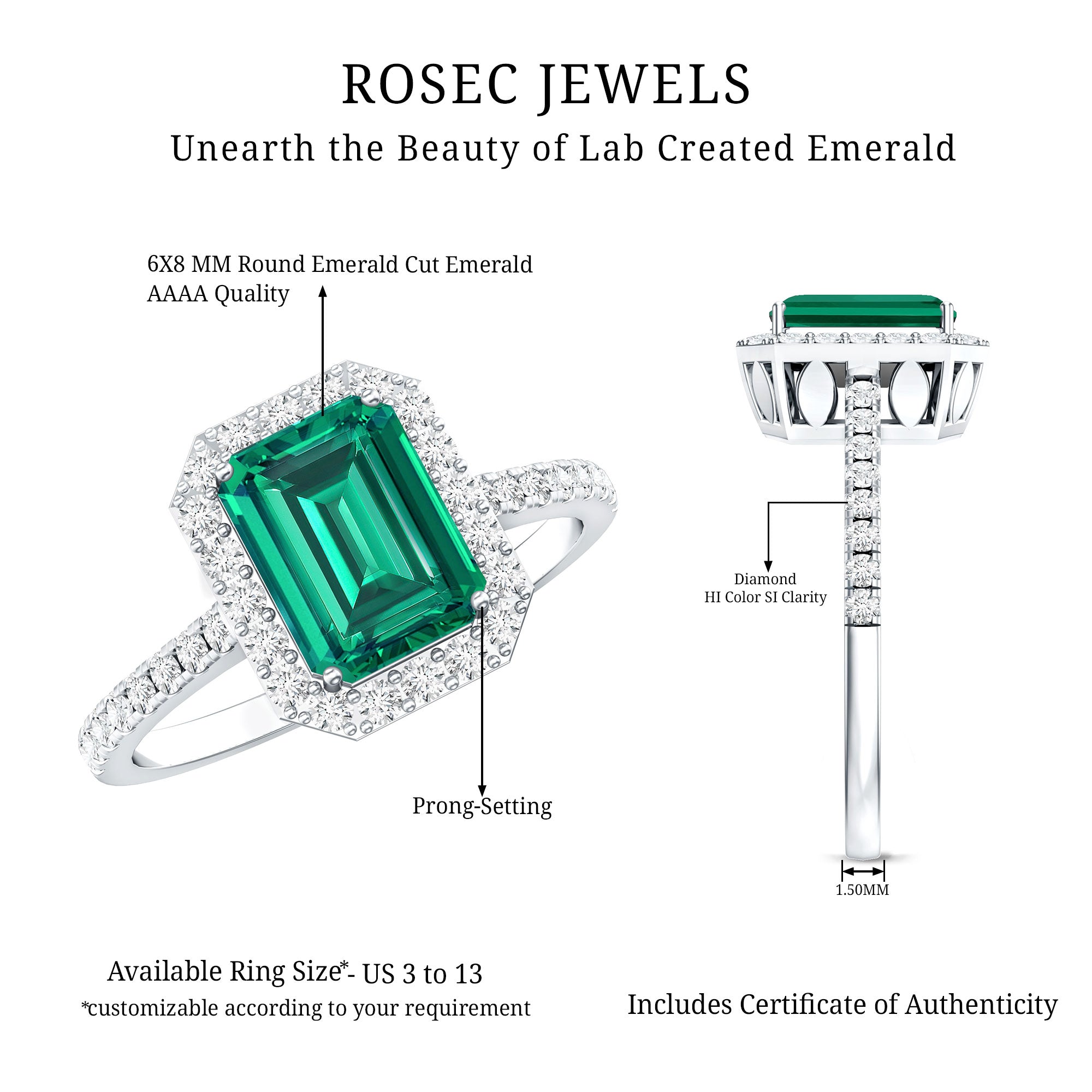Lab Grown Emerald Halo Engagement Ring With Real Diamond AAAA - Rosec Jewels