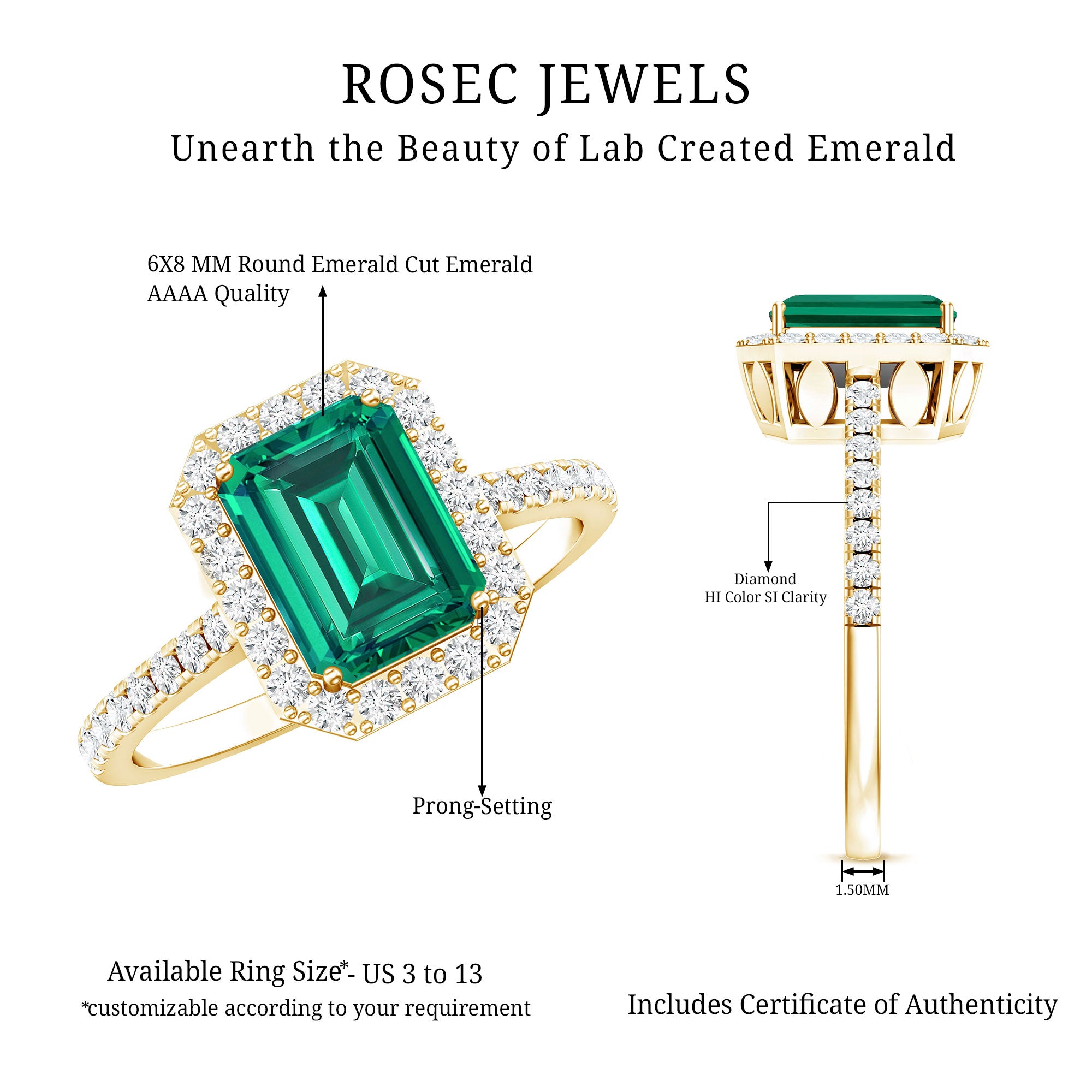 Lab Grown Emerald Halo Engagement Ring With Real Diamond AAAA - Rosec Jewels
