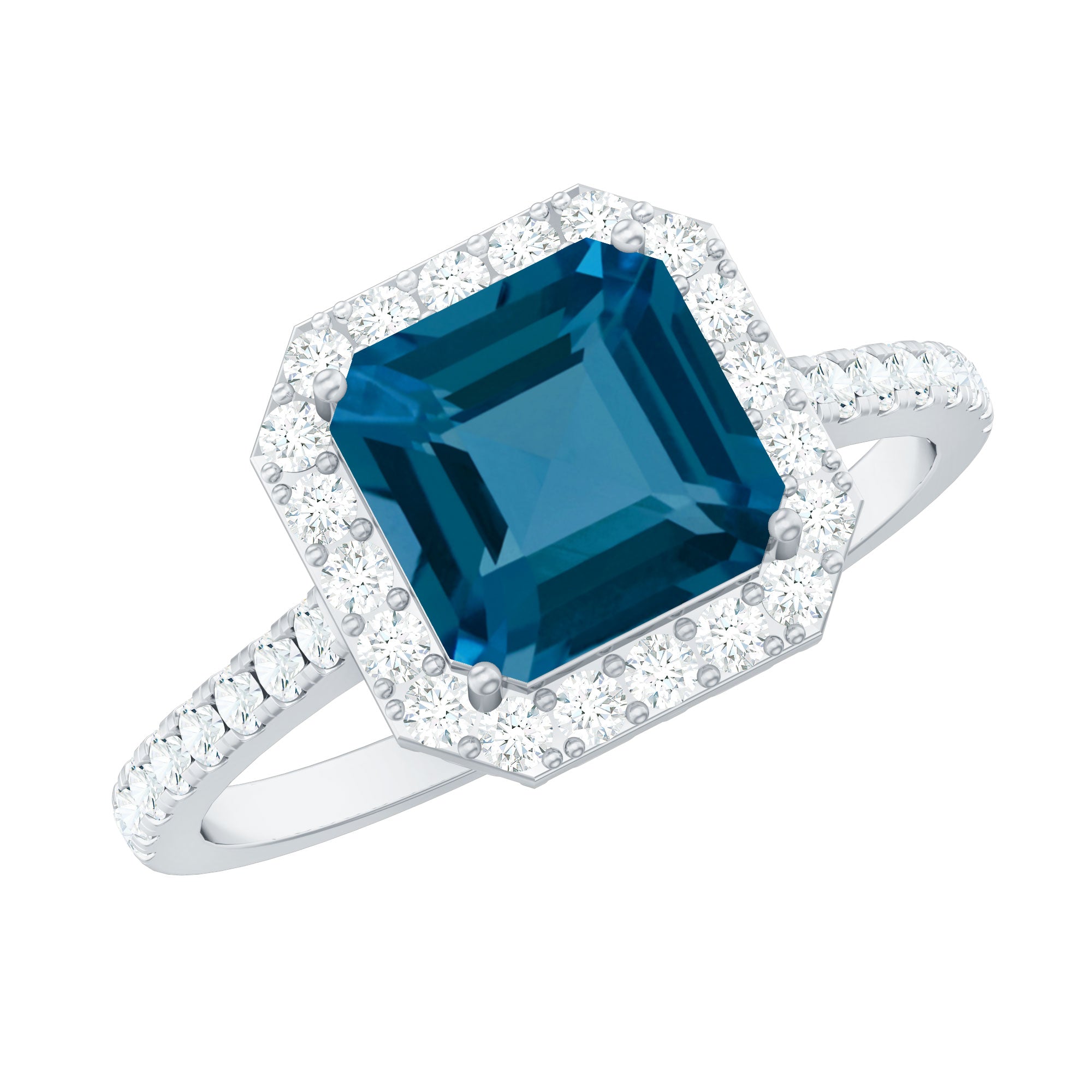 Real 8mm London Blue Topaz Asscher Cut Engagement Ring with Diamond