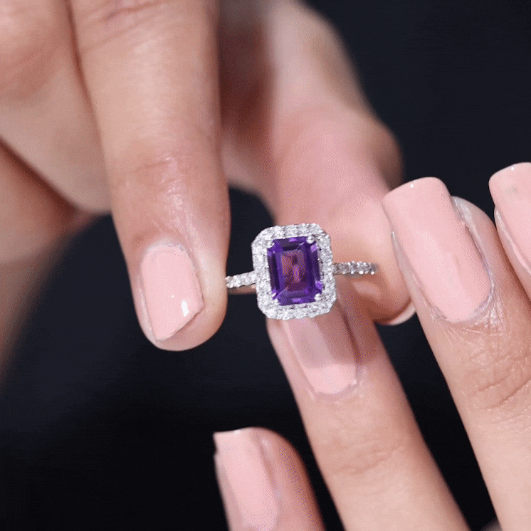 1.4 Carat Amethyst Emerald Cut Engagement Ring with Diamond Halo AAA - Rosec Jewels