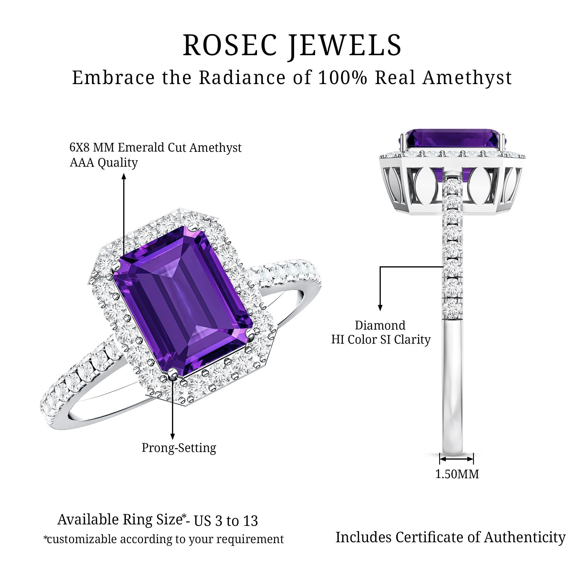 1.4 Carat Amethyst Emerald Cut Engagement Ring with Diamond Halo AAA - Rosec Jewels