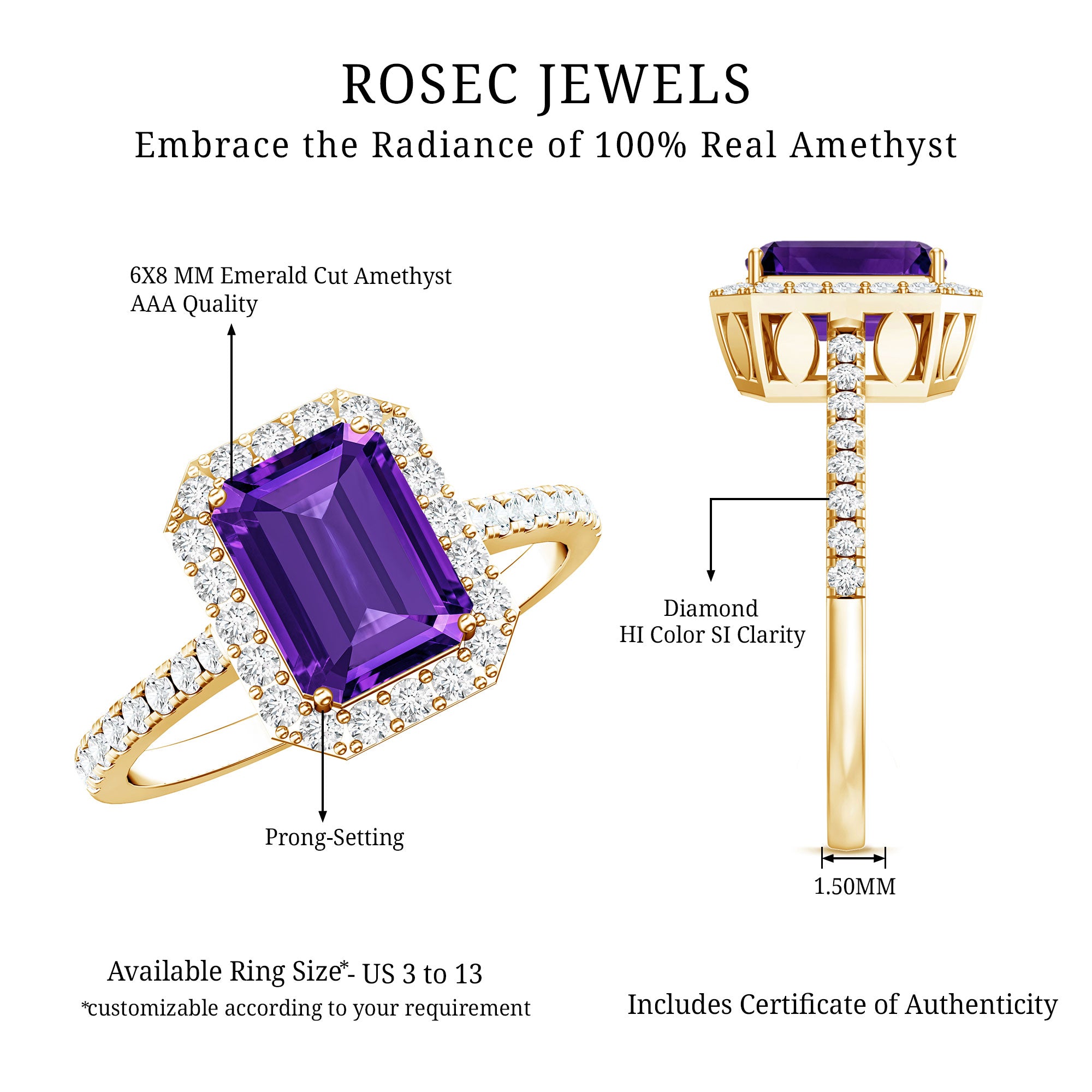 1.4 Carat Amethyst Emerald Cut Engagement Ring with Diamond Halo AAA - Rosec Jewels