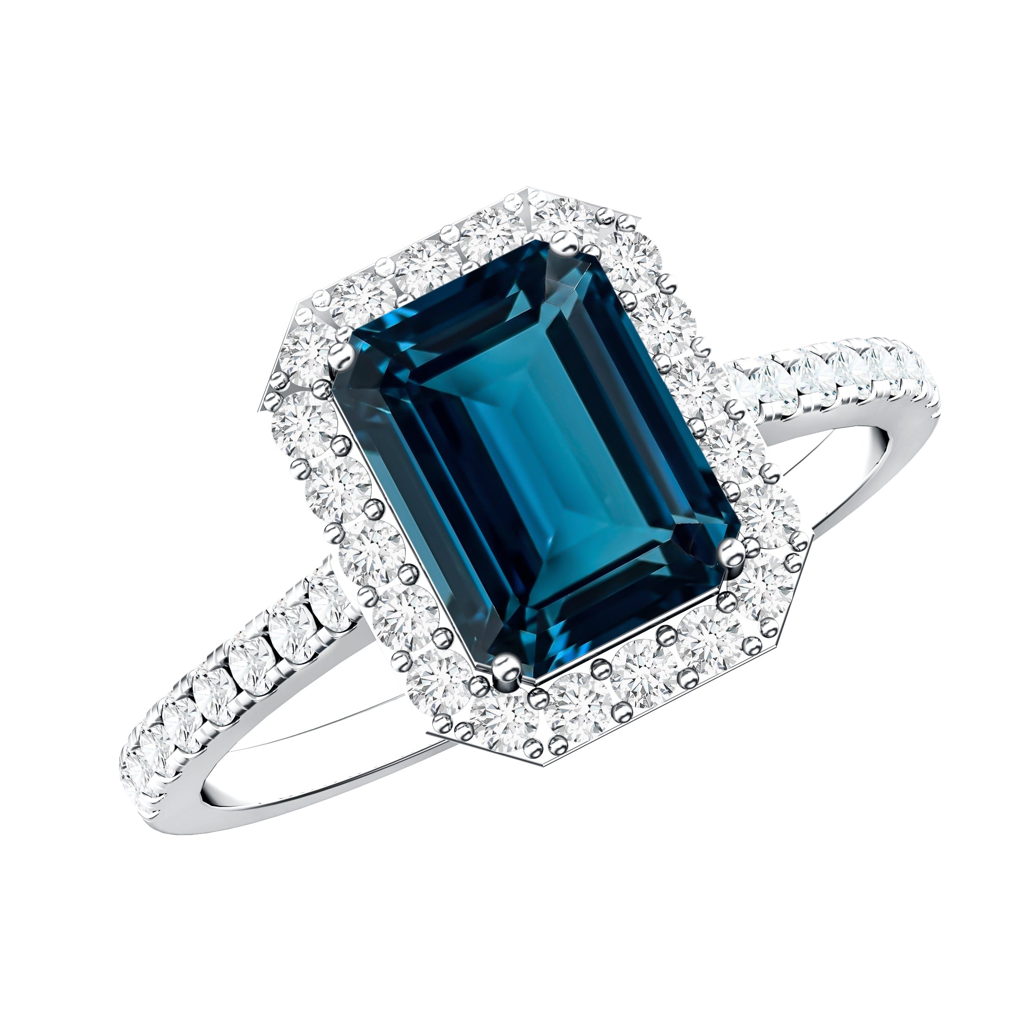 2.2 Carat Emerald Cut London Blue Topaz Engagement Ring with Diamond Halo AAA - Rosec Jewels