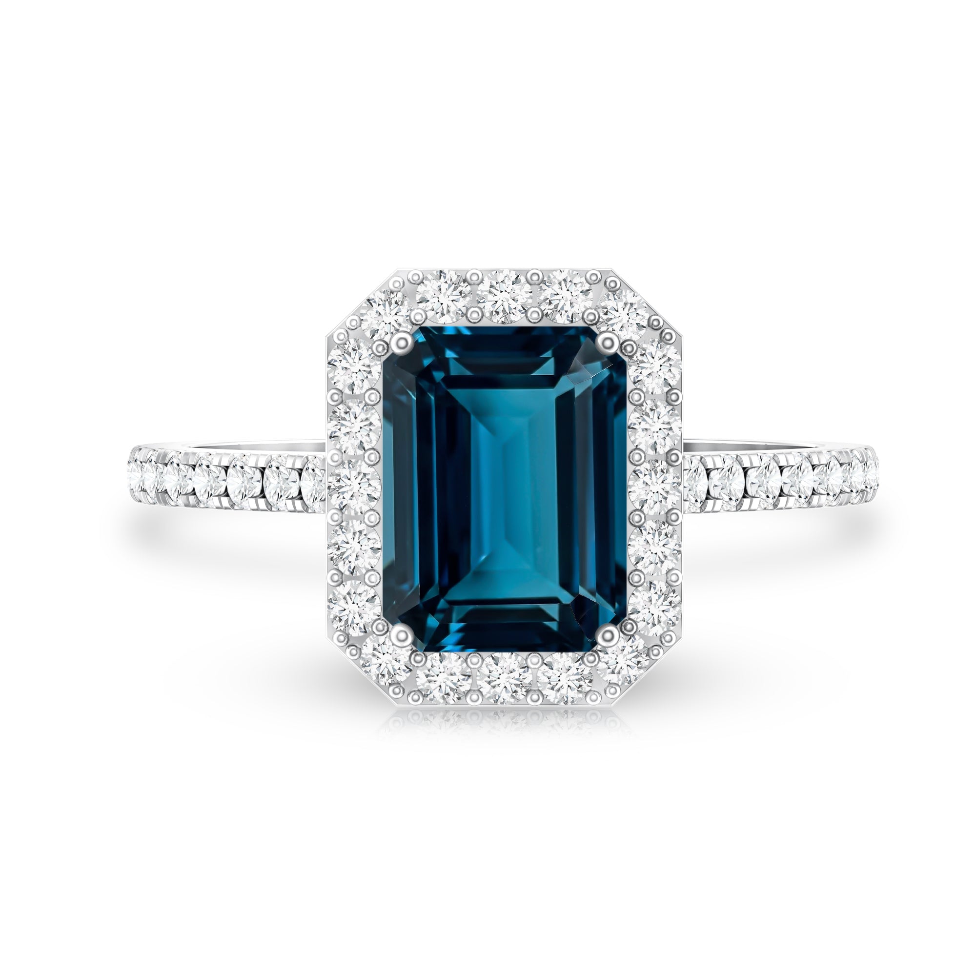 2.2 Carat Emerald Cut London Blue Topaz Engagement Ring with Diamond Halo AAA - Rosec Jewels