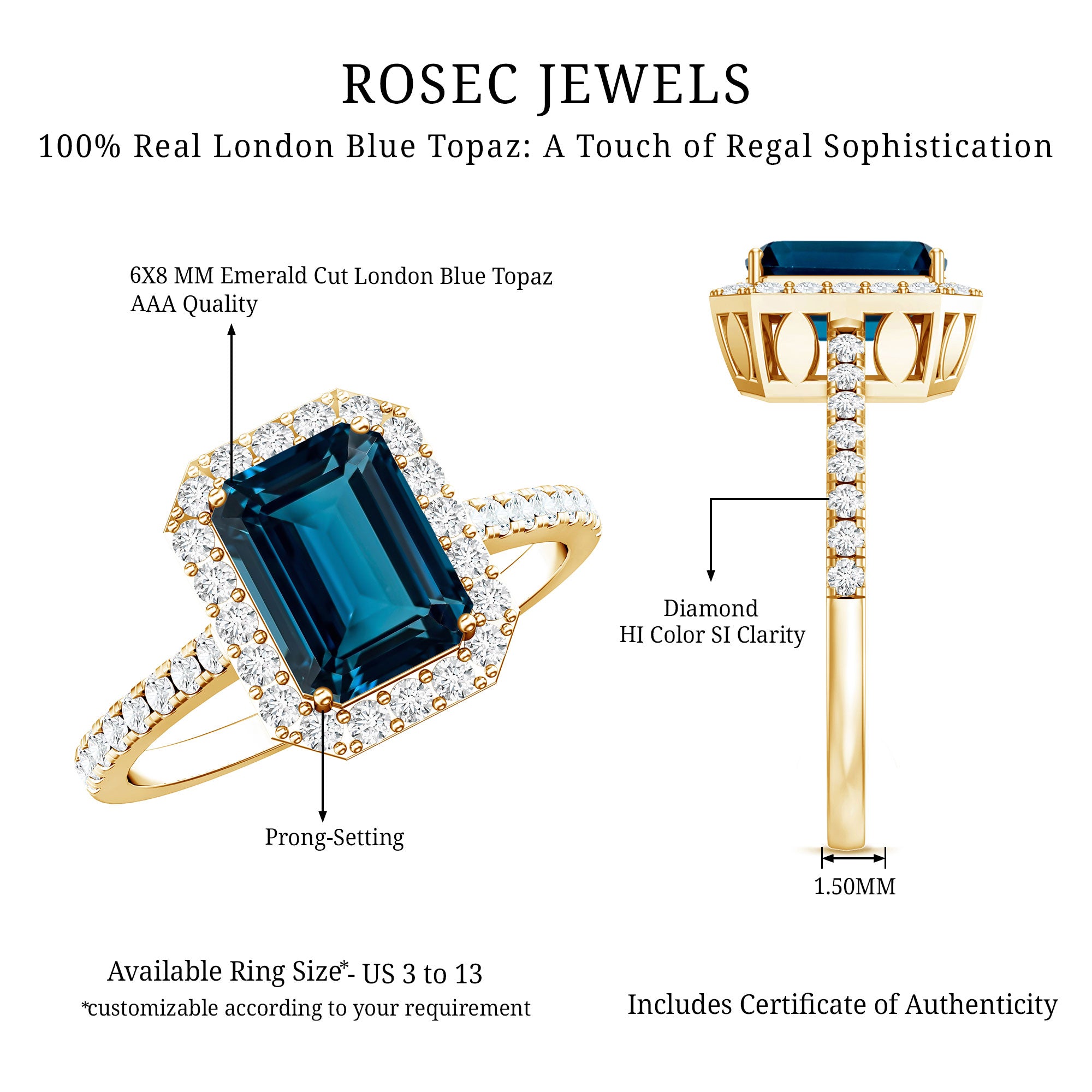 2.2 Carat Emerald Cut London Blue Topaz Engagement Ring with Diamond Halo AAA - Rosec Jewels