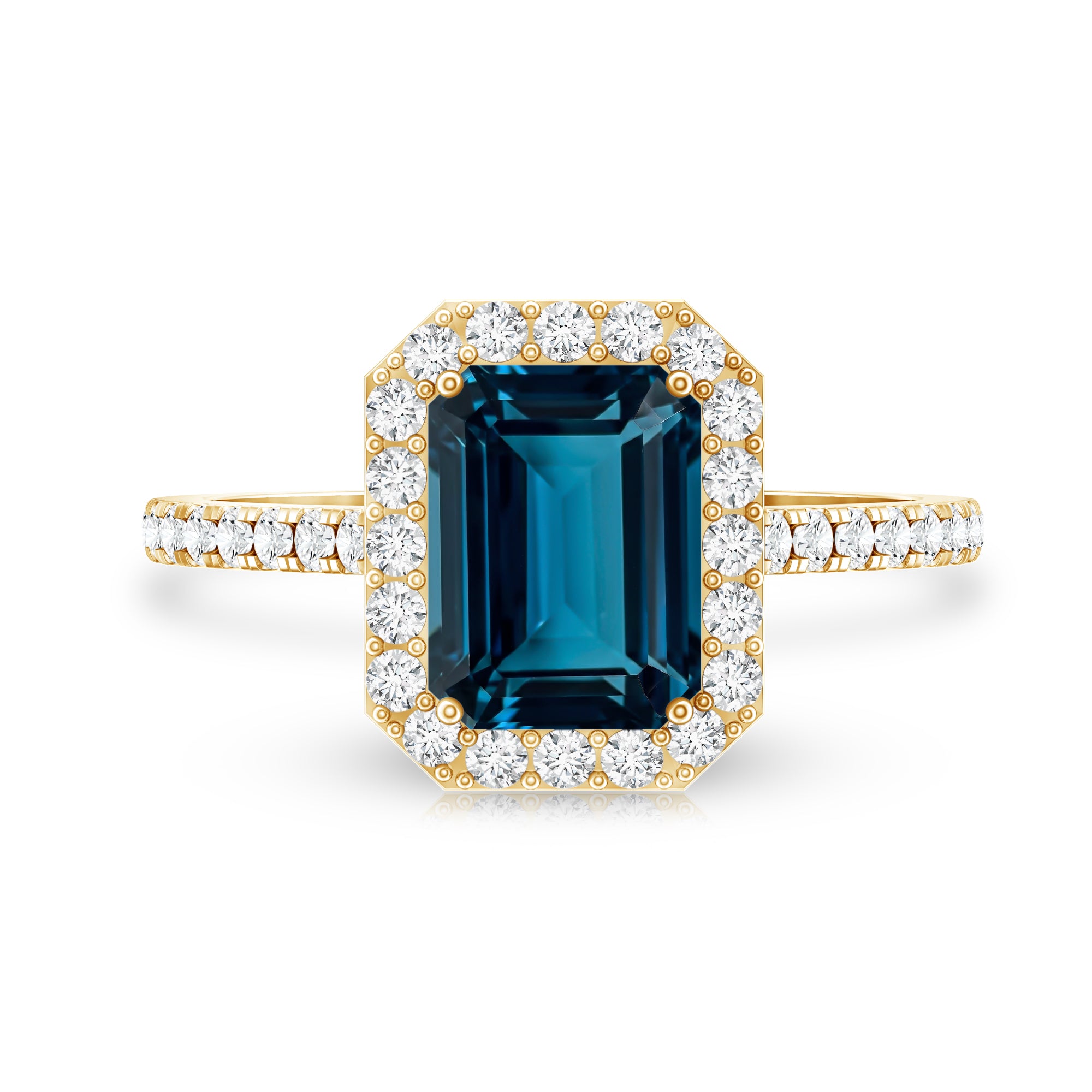 2.2 Carat Emerald Cut London Blue Topaz Engagement Ring with Diamond Halo AAA - Rosec Jewels