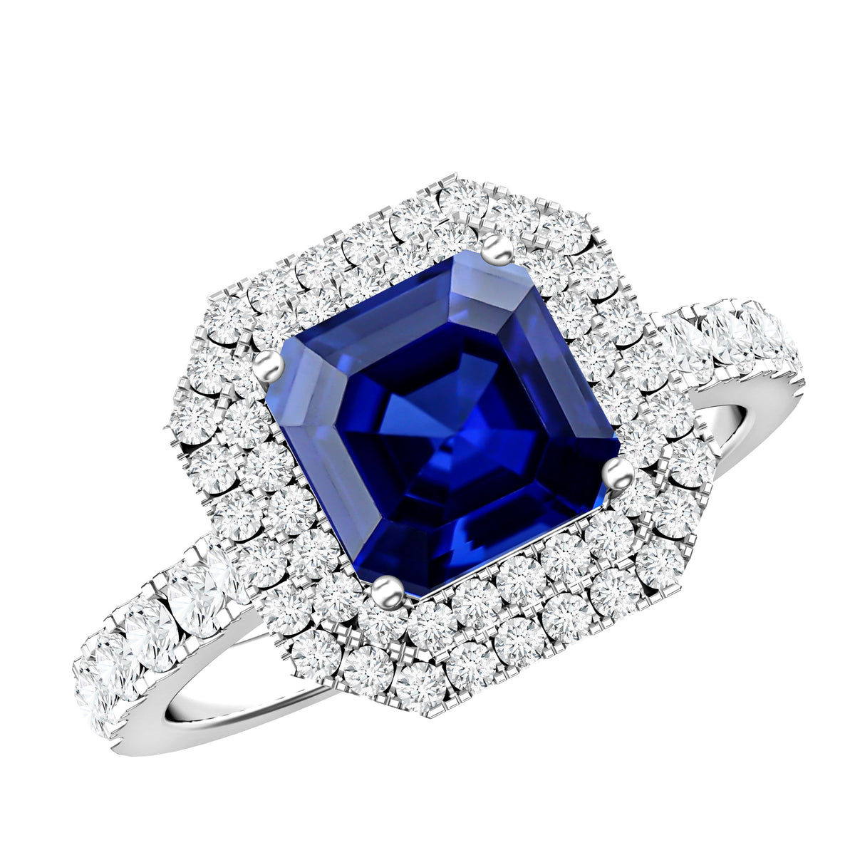 Vintage Looking Lab Created Blue Sapphire and Diamond Engagement Ring AAAA - Rosec Jewels