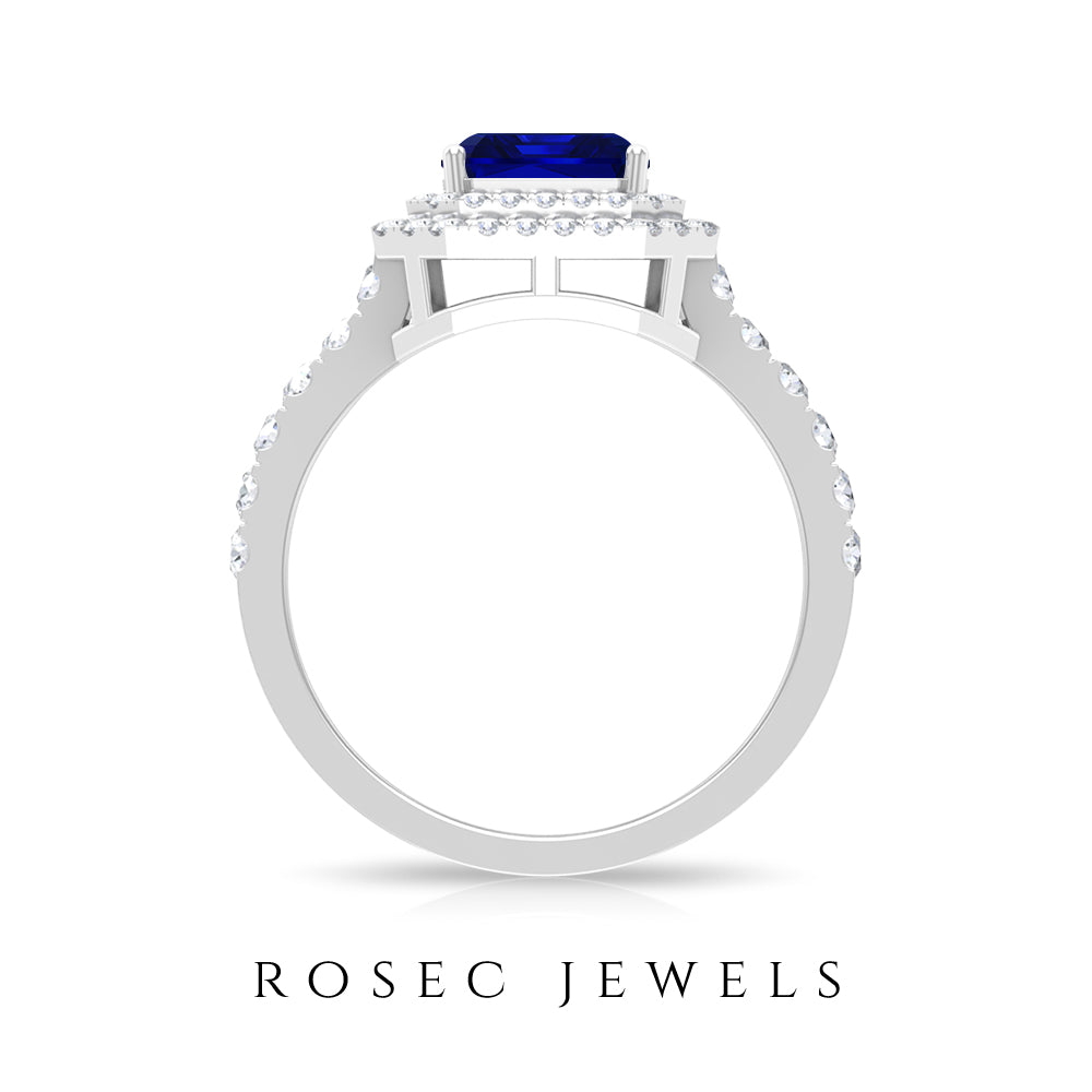 Vintage Looking Lab Created Blue Sapphire and Diamond Engagement Ring AAAA - Rosec Jewels