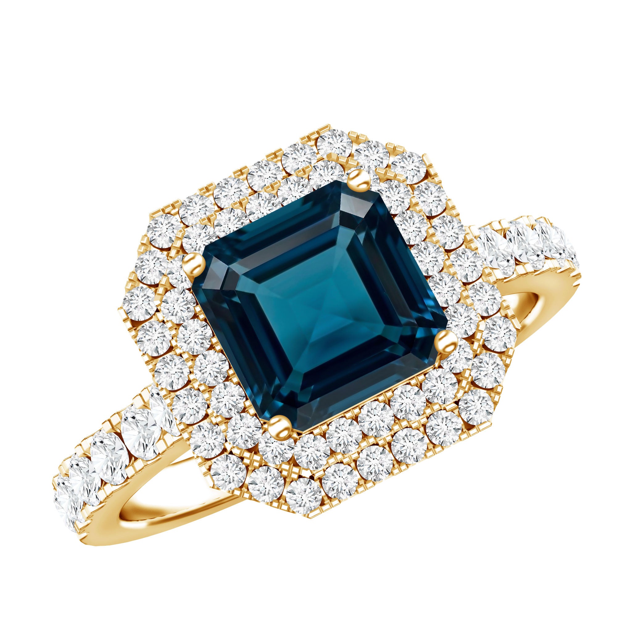 3 Carat Asscher Cut London Blue Topaz Engagement Ring with Double Halo AAA - Rosec Jewels