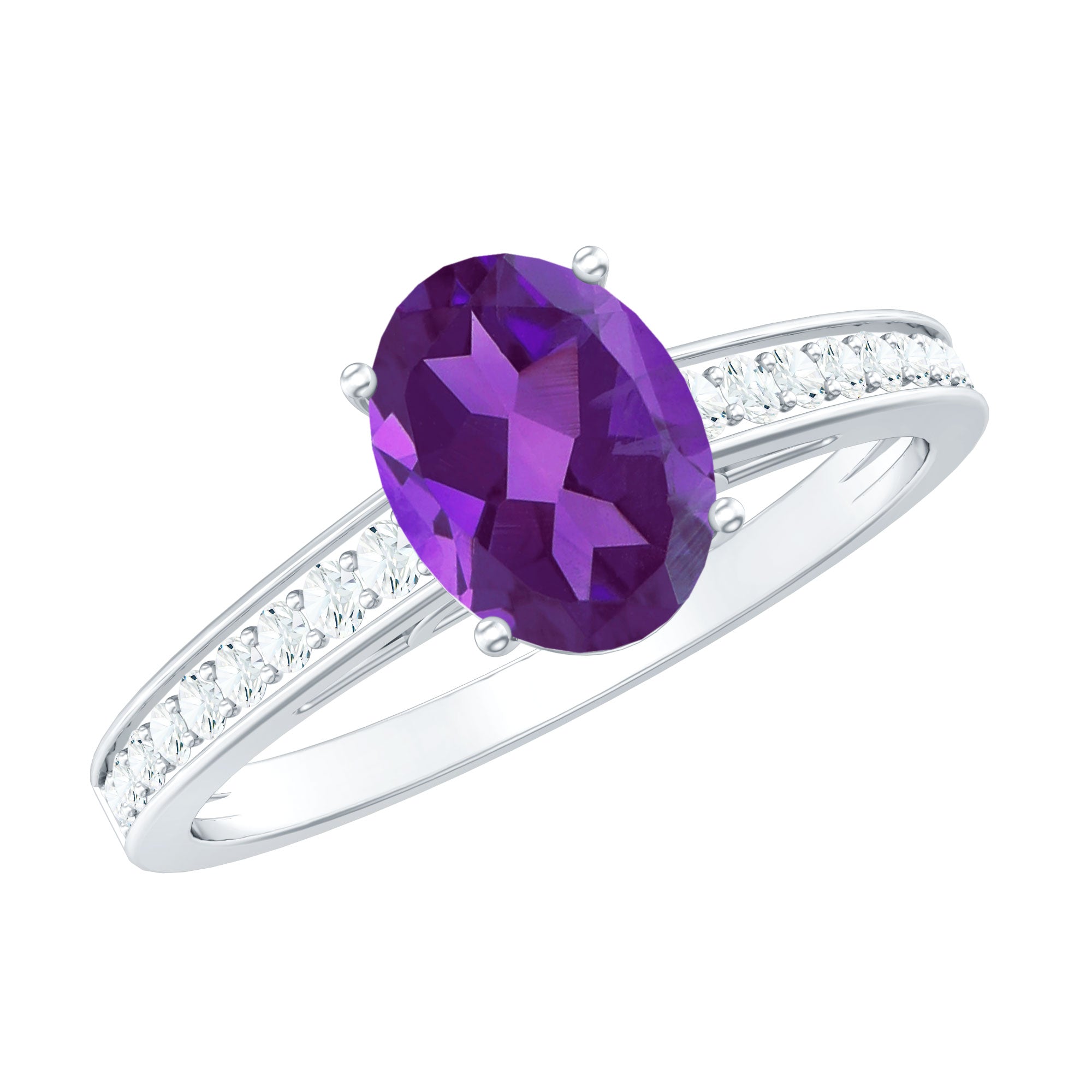 4 Prong Set Amethyst Solitaire and Diamond Ring