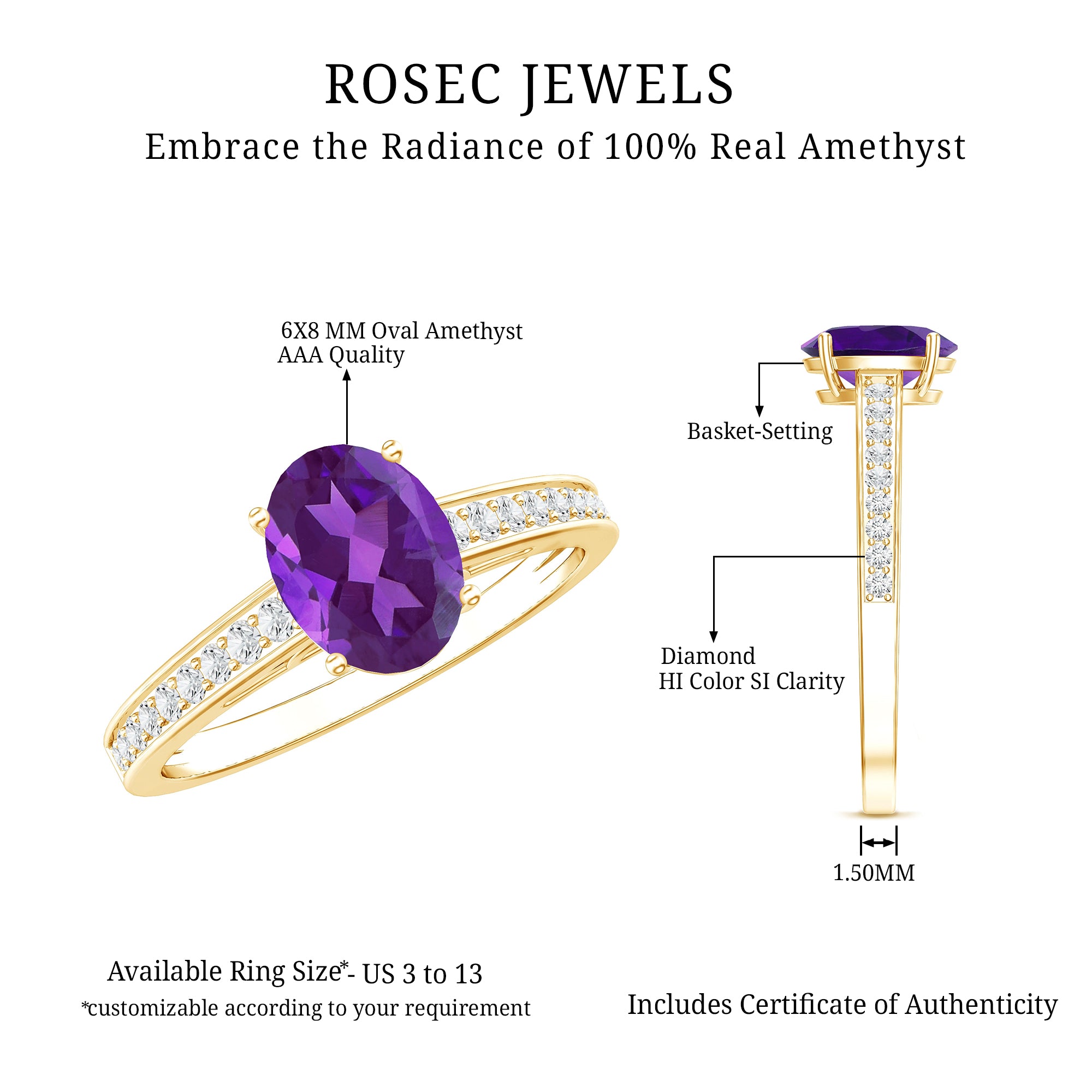 Real 1 Carat Oval Amethyst Solitaire Engagement Ring with Diamond AAA - Rosec Jewels
