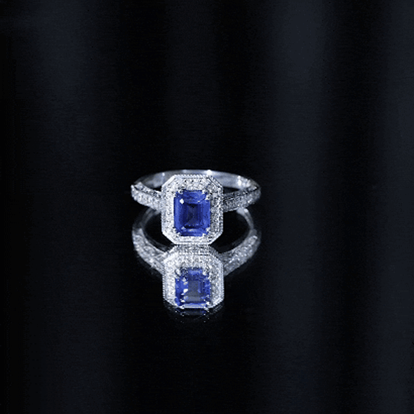 Certified 1.7 Carat Lab Grown Blue Sapphire Emerald Cut Engagement Ring with Diamond Halo AAAA - Rosec Jewels
