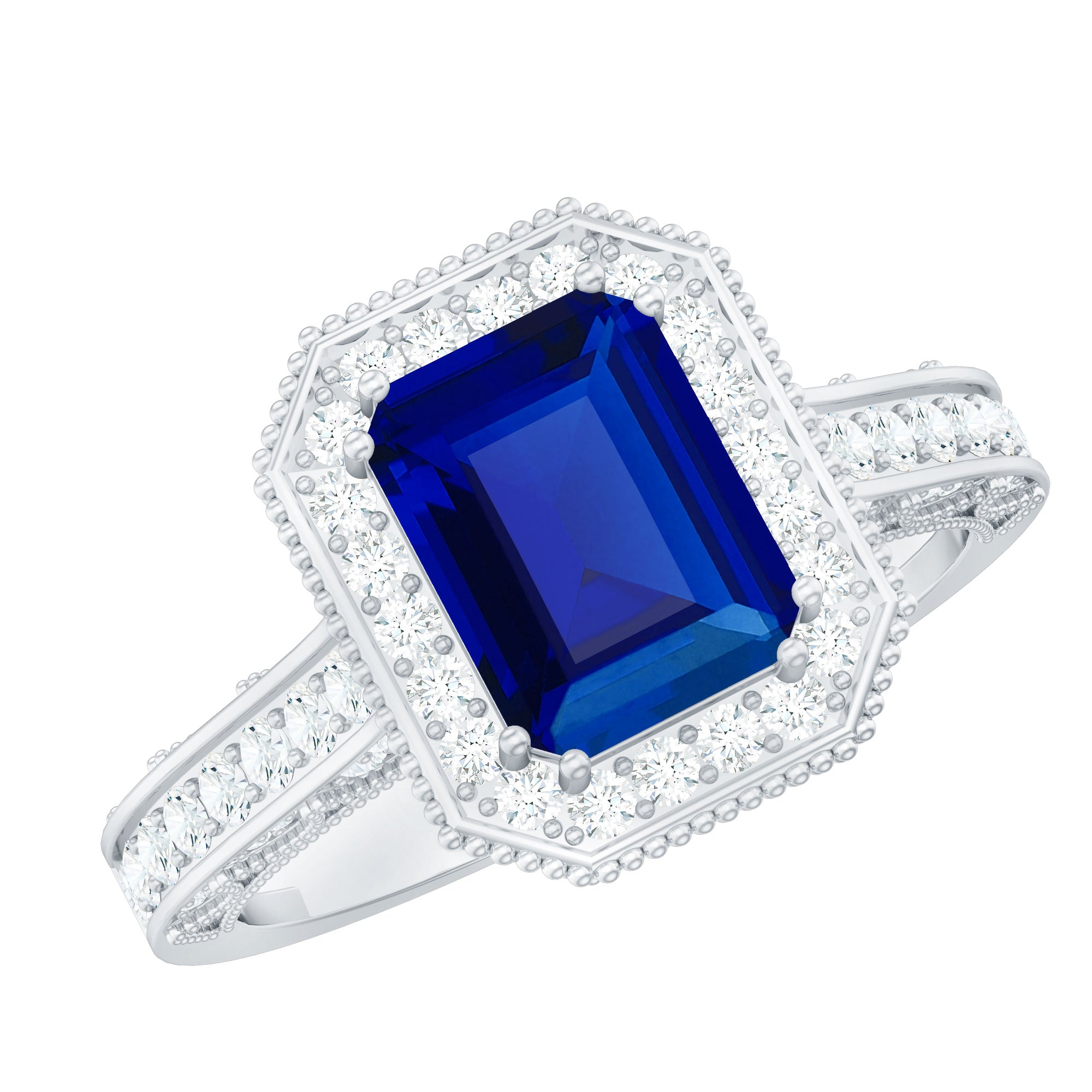 Vintage Engagement Ring with 2.25 CT Created Blue Sapphire and Diamond Accents