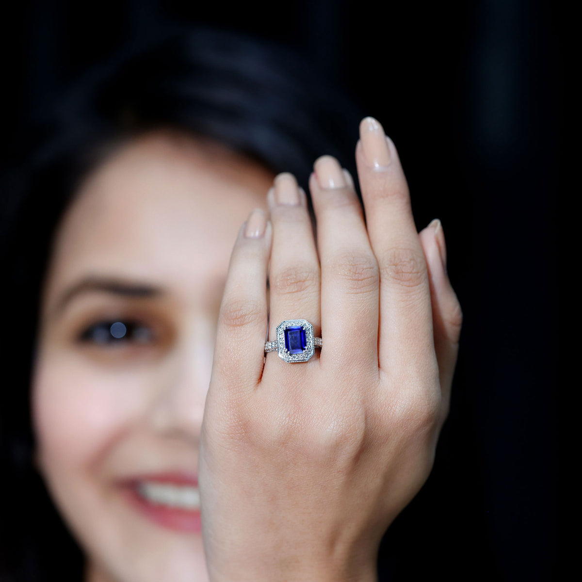 Certified 1.7 Carat Lab Grown Blue Sapphire Emerald Cut Engagement Ring with Diamond Halo AAAA - Rosec Jewels