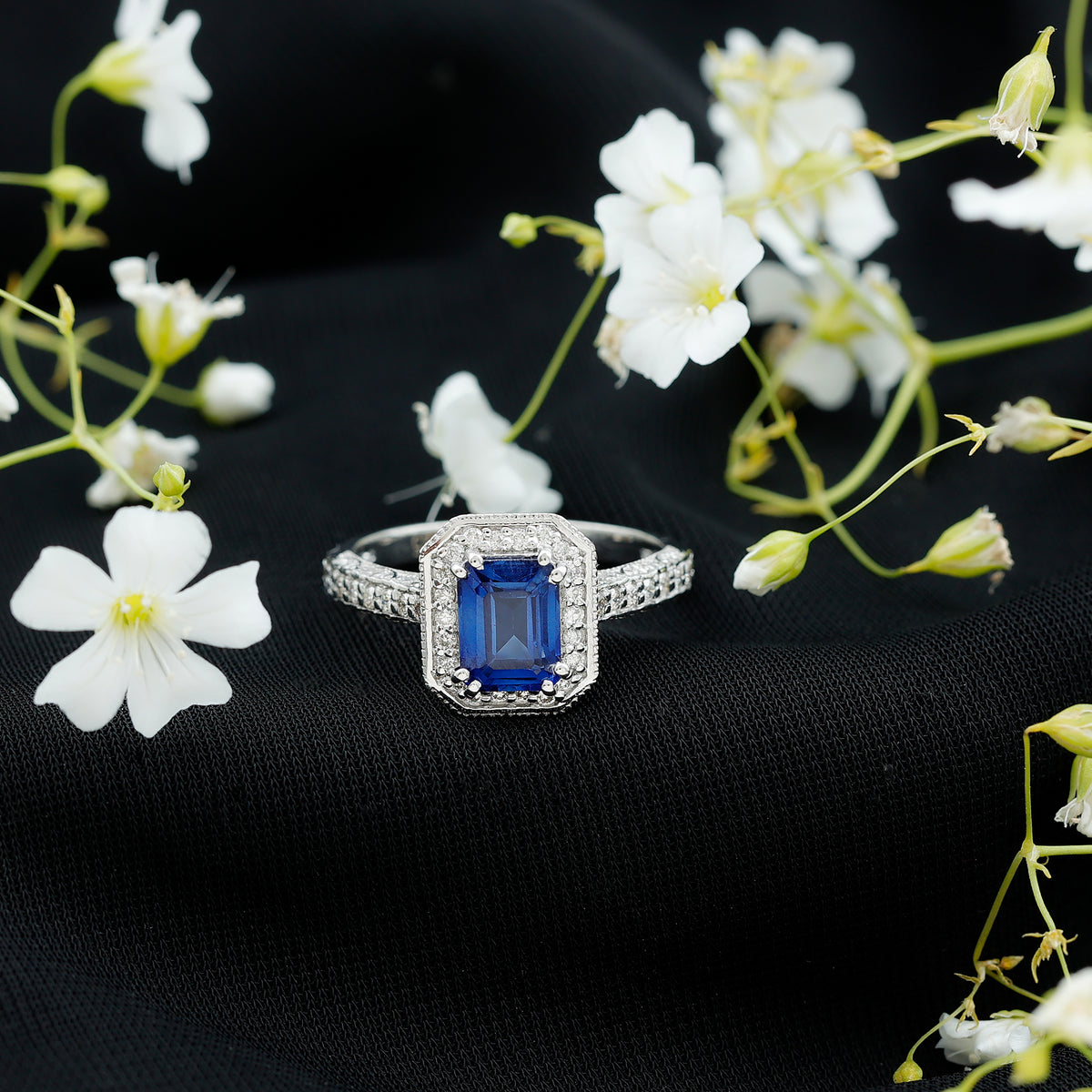 Certified 1.7 Carat Lab Grown Blue Sapphire Emerald Cut Engagement Ring with Diamond Halo AAAA - Rosec Jewels