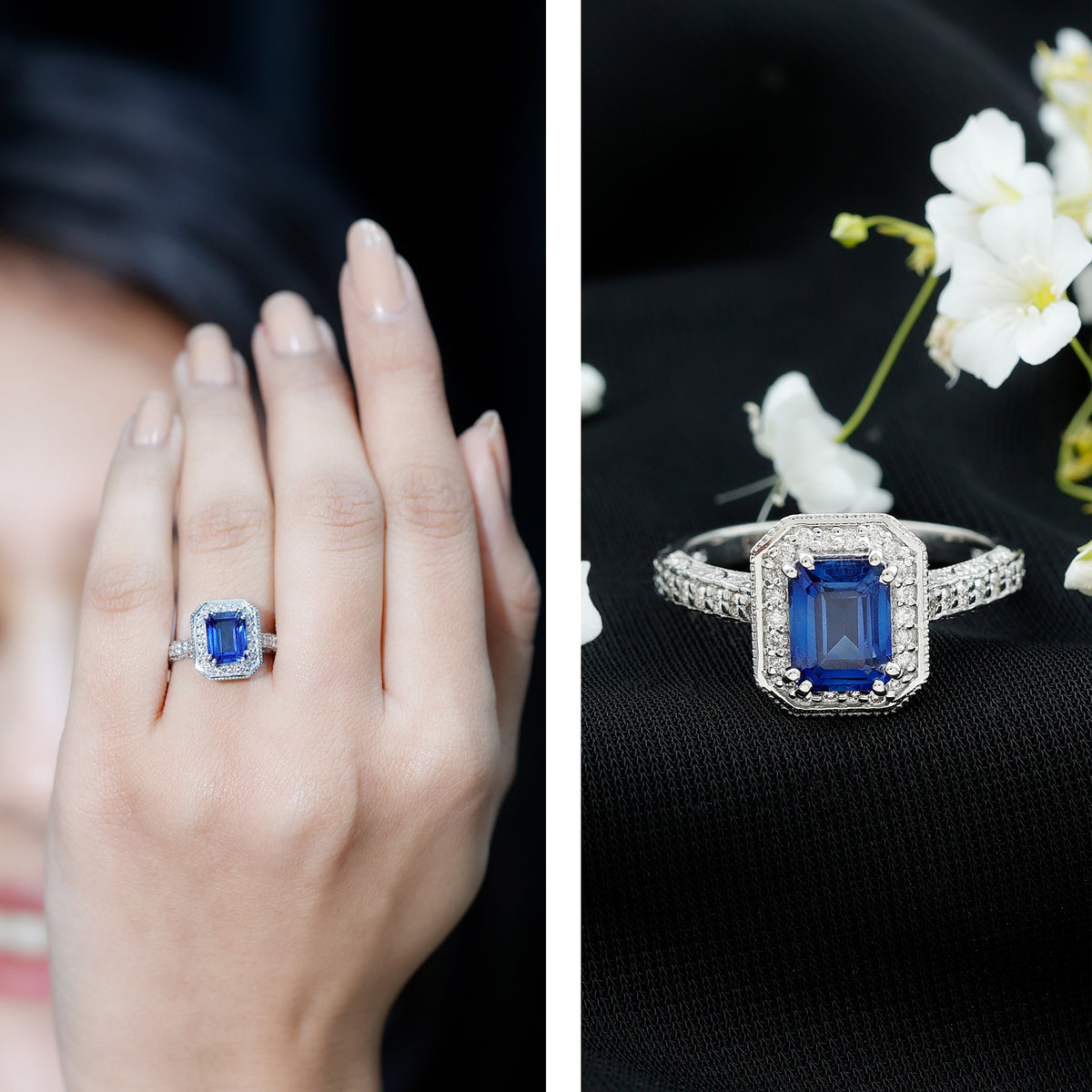 Certified 1.7 Carat Lab Grown Blue Sapphire Emerald Cut Engagement Ring with Diamond Halo AAAA - Rosec Jewels