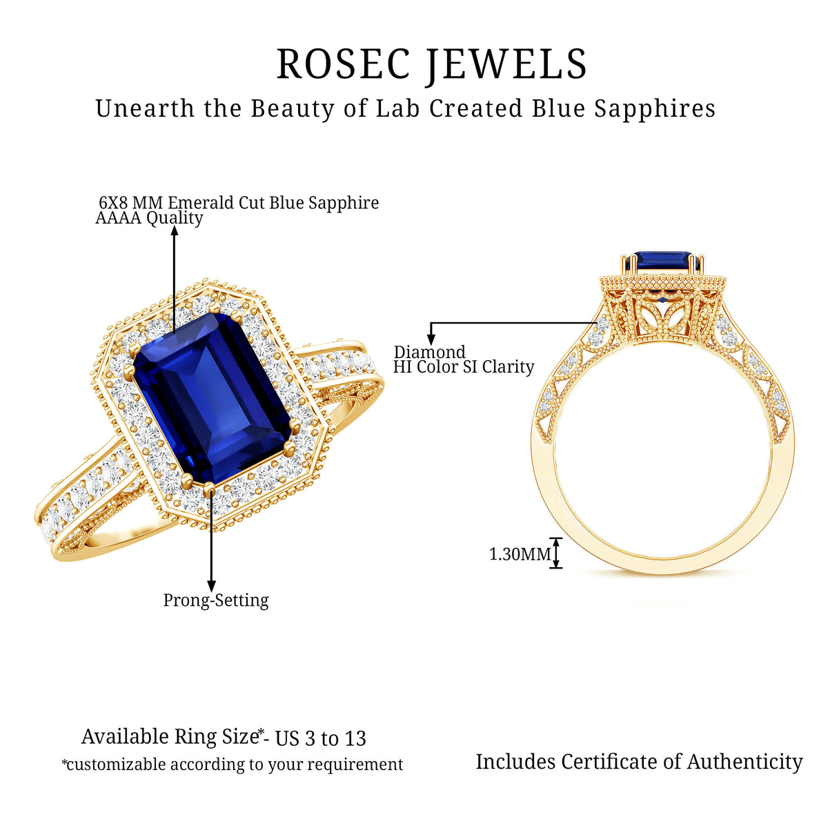 Certified 1.7 Carat Lab Grown Blue Sapphire Emerald Cut Engagement Ring with Diamond Halo AAAA - Rosec Jewels