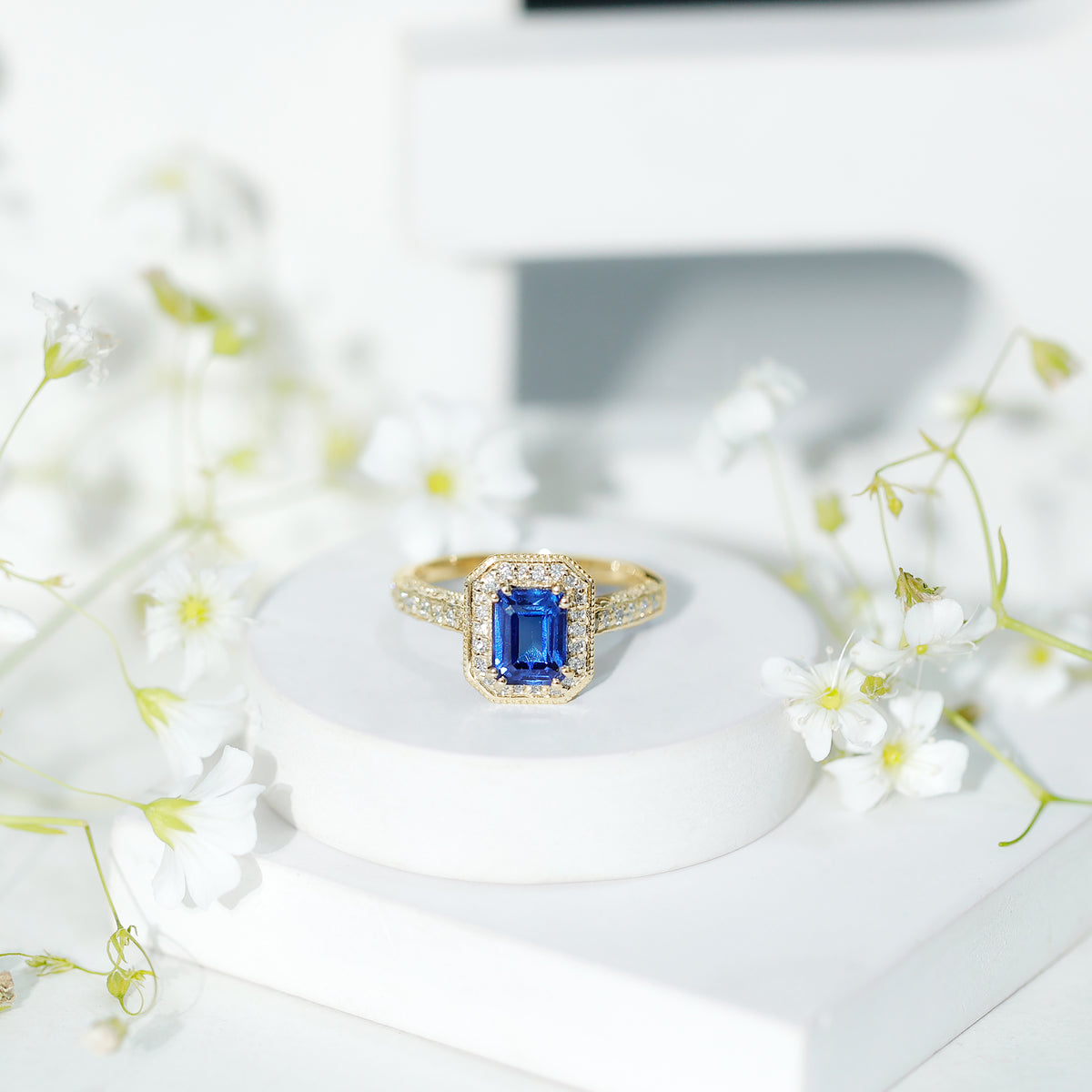 Certified 1.7 Carat Lab Grown Blue Sapphire Emerald Cut Engagement Ring with Diamond Halo AAAA - Rosec Jewels