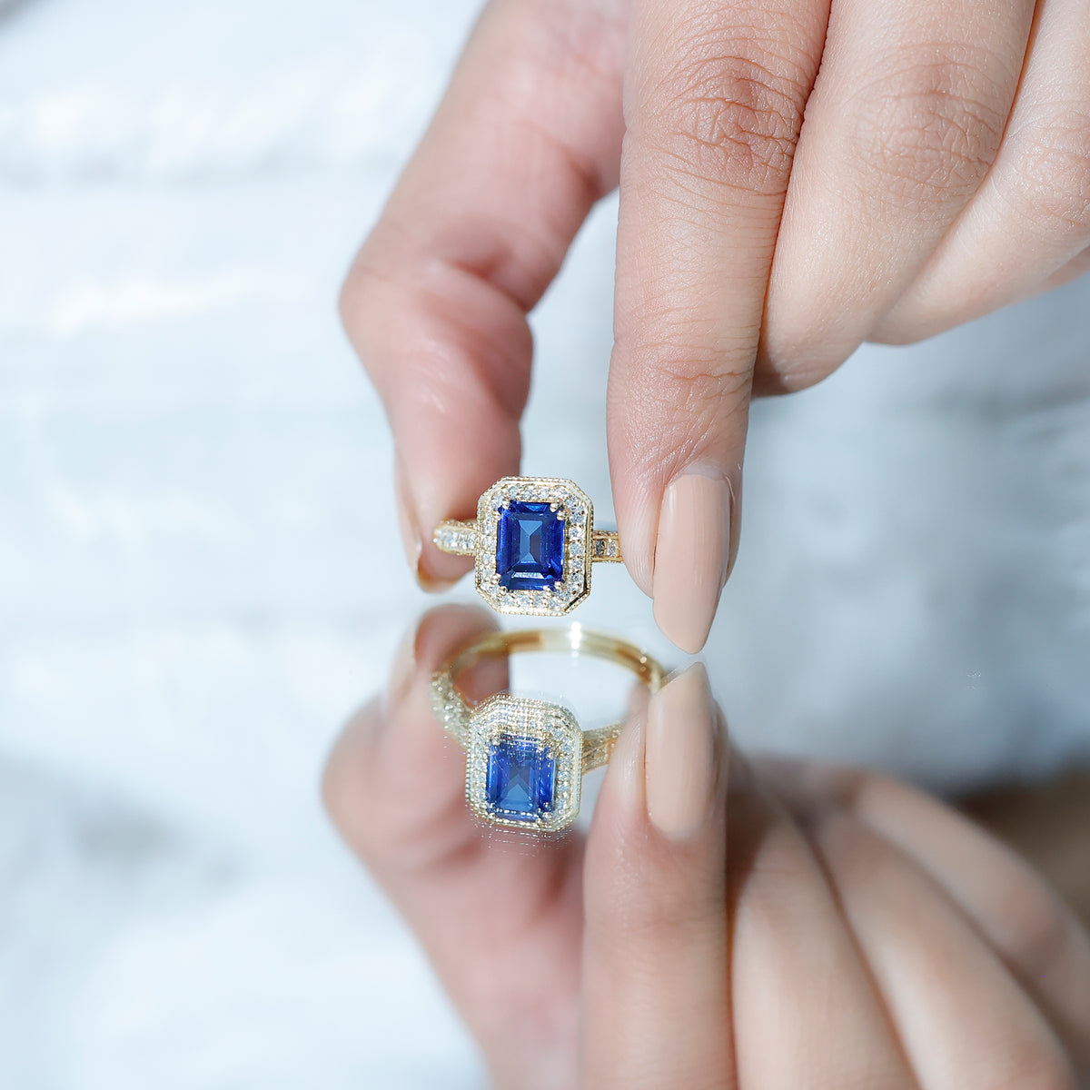 Certified 1.7 Carat Lab Grown Blue Sapphire Emerald Cut Engagement Ring with Diamond Halo AAAA - Rosec Jewels